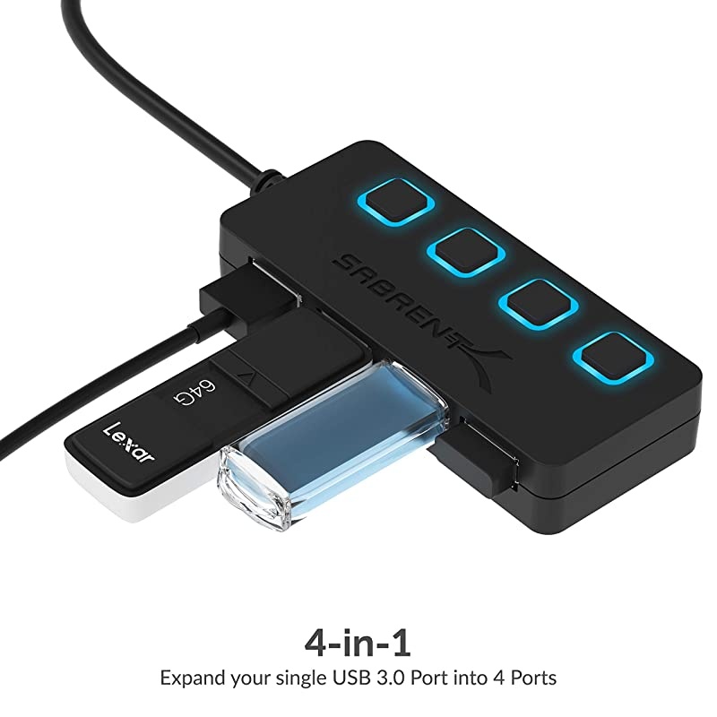 4Port USB 30 Hub with Individual LED Power Switches | 2 Ft Cable | Slim Portable | for Mac PC HBUM43