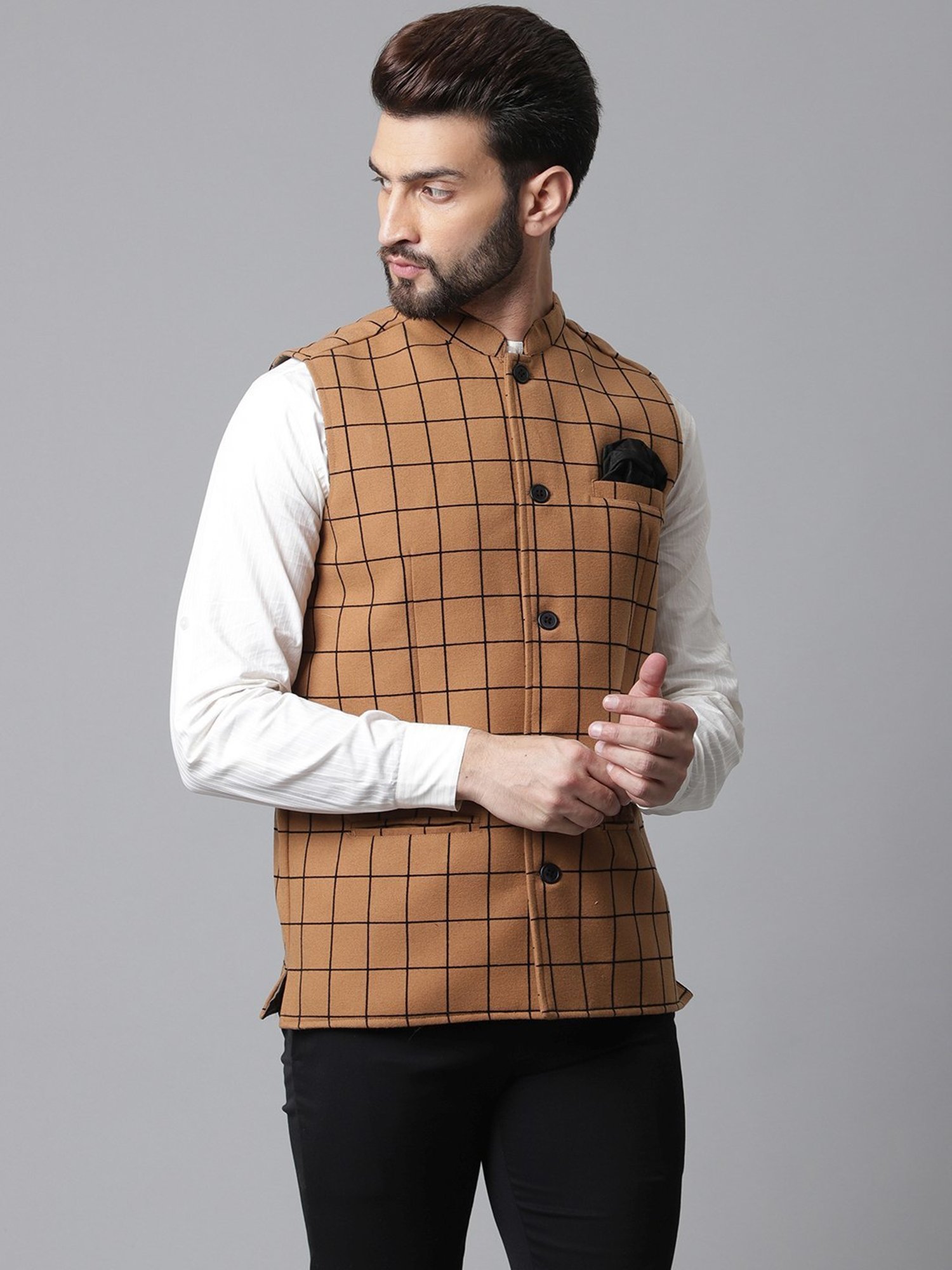 Even Beige Regular Fit Checks Nehru Jacket