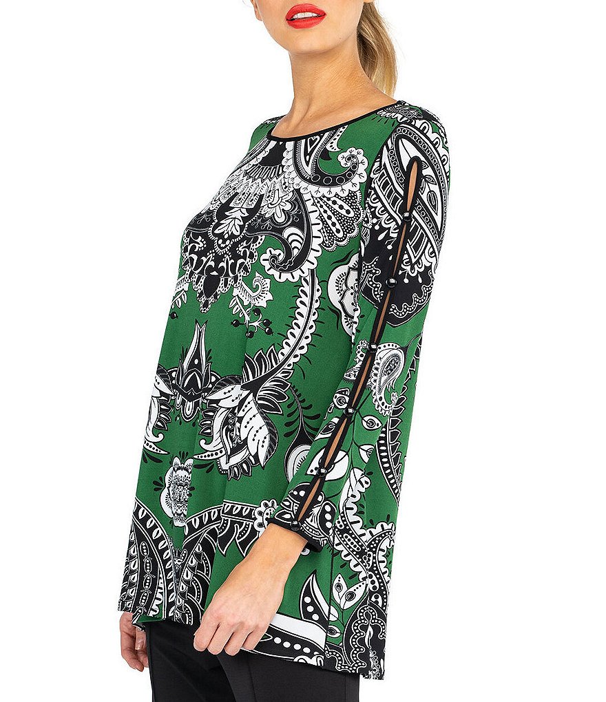 Eva Varro Bandana Paisley Print Knit Boat Neck Bracelet Long Sleeve Swing Tunic