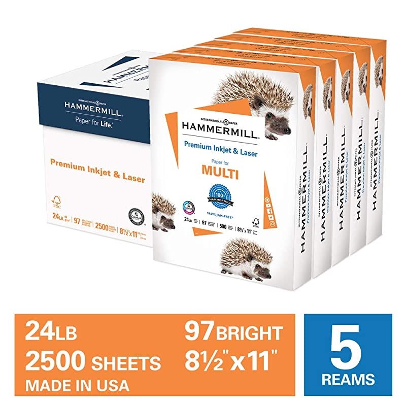 Printer Paper, Premium Inkjet & Laser Paper 24 Lb, 8.5 x 11 - 5 Ream (2,500 Sheets) - 97 Bright, Made in the USA, 166140C