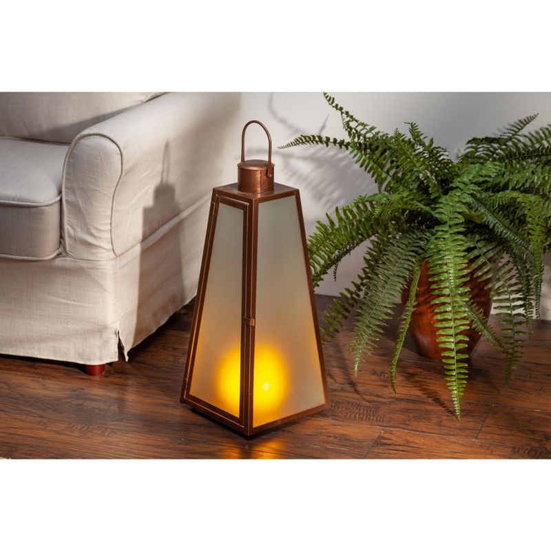 Everlasting Glow 20.88-Inch Tall Triangular Brushed Copper Lantern with FireGlow&trade; Lights and Timer Feature