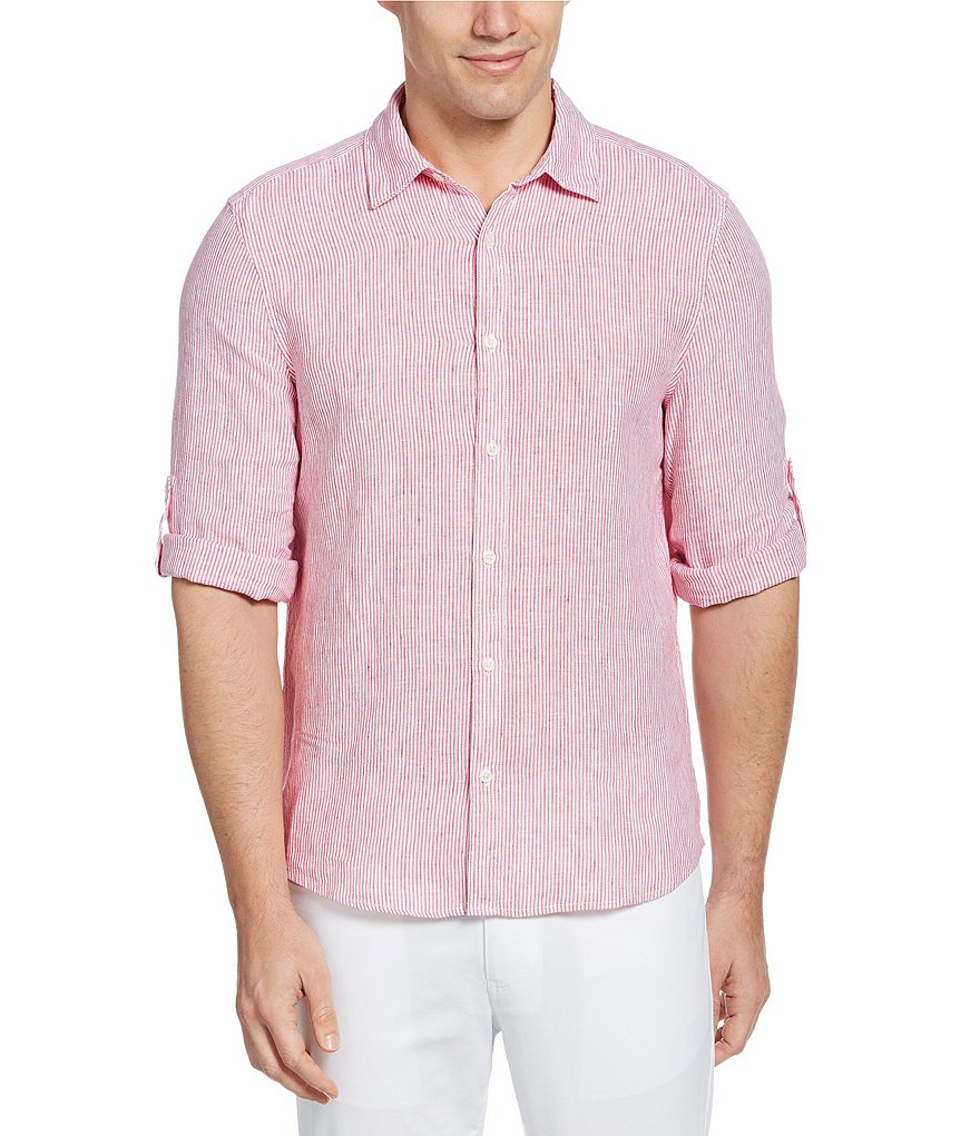 Perry Ellis Untucked Stripe Linen Roll-Sleeve Woven Shirt