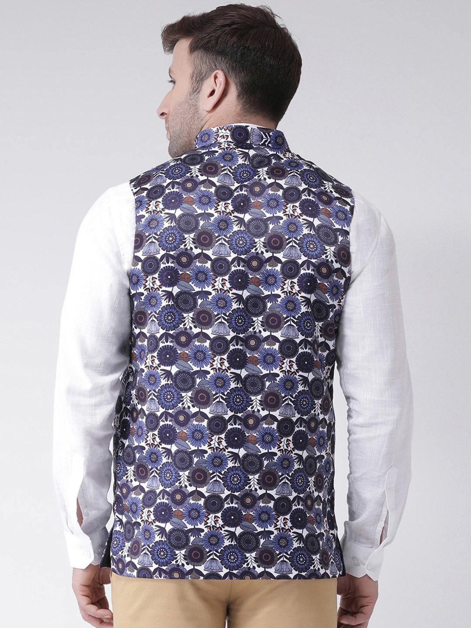 Hangup Plus White & Blue Regular Fit Floral Print Nehru Jacket