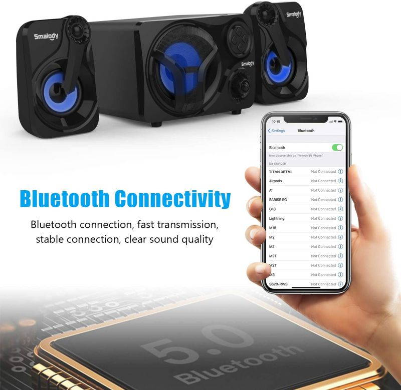 Computer Speakers with Subwoofer, 2.1 Powered Sound System, Cool Colorful LED, Multimedia Speaker with Bluetooth/Line-in/FM/USB&TF Slot, Compatible with Gaming PC, Desktop, Laptop (2.1ch)