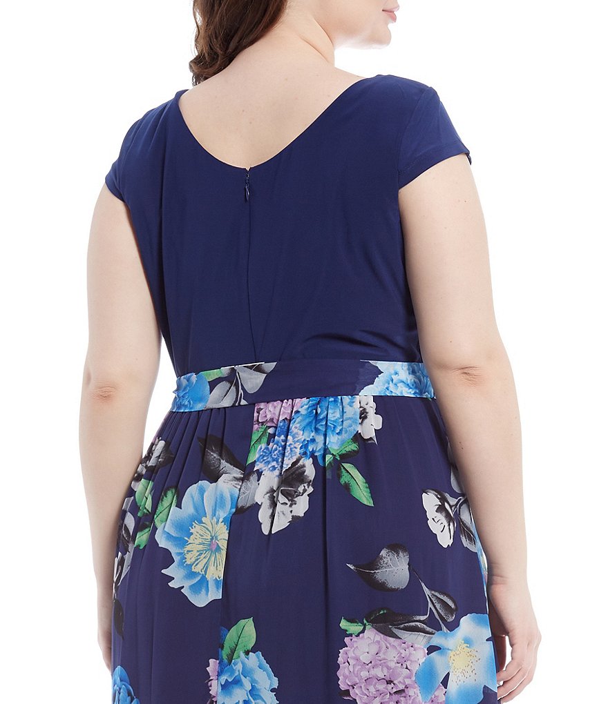 Ignite Evenings Plus Size Round Neck Floral Chiffon Cap Sleeve Maxi Dress