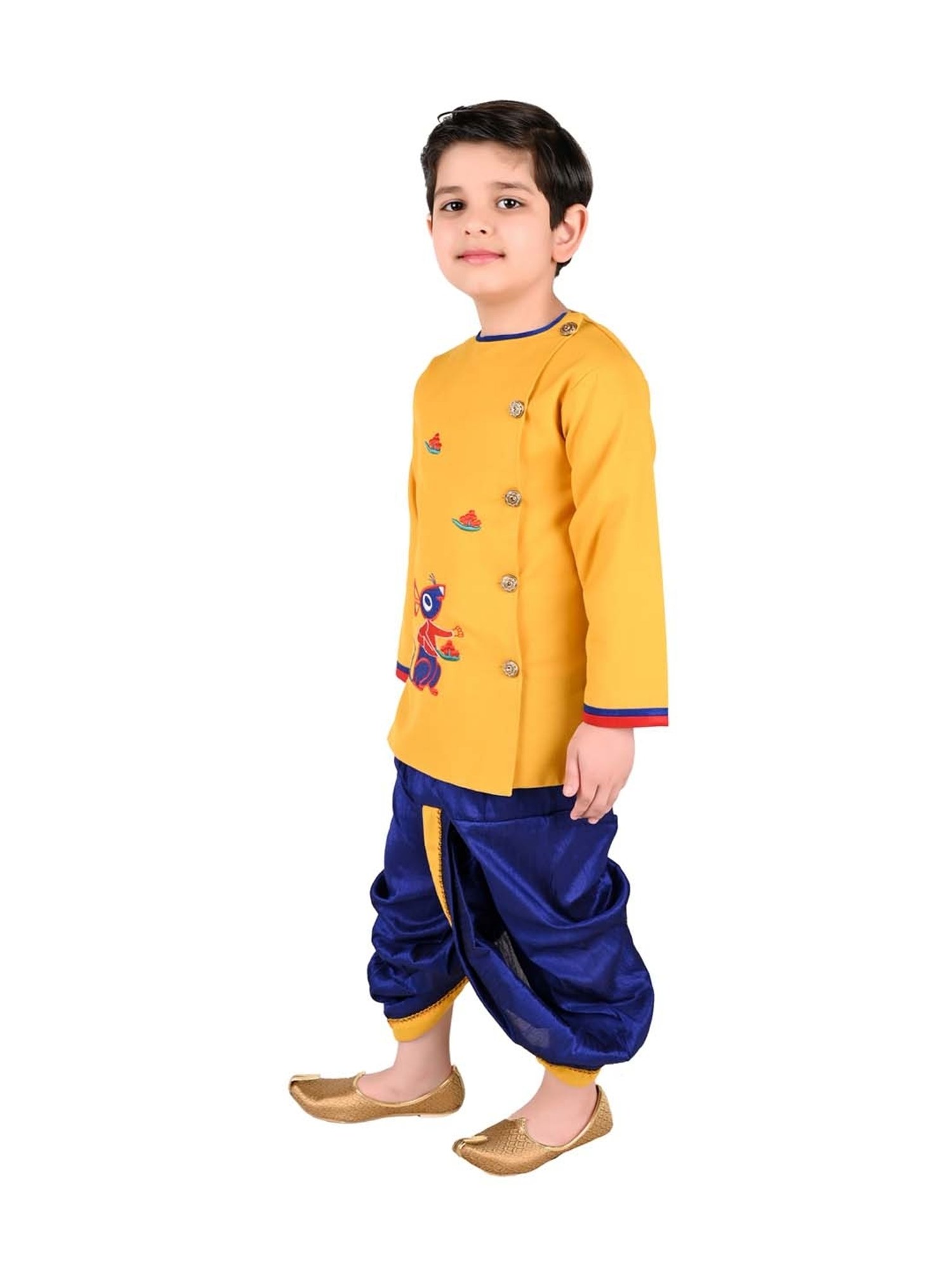 Ahhaaaa Kids Yellow & Blue Cotton Embroidered Kurta Set