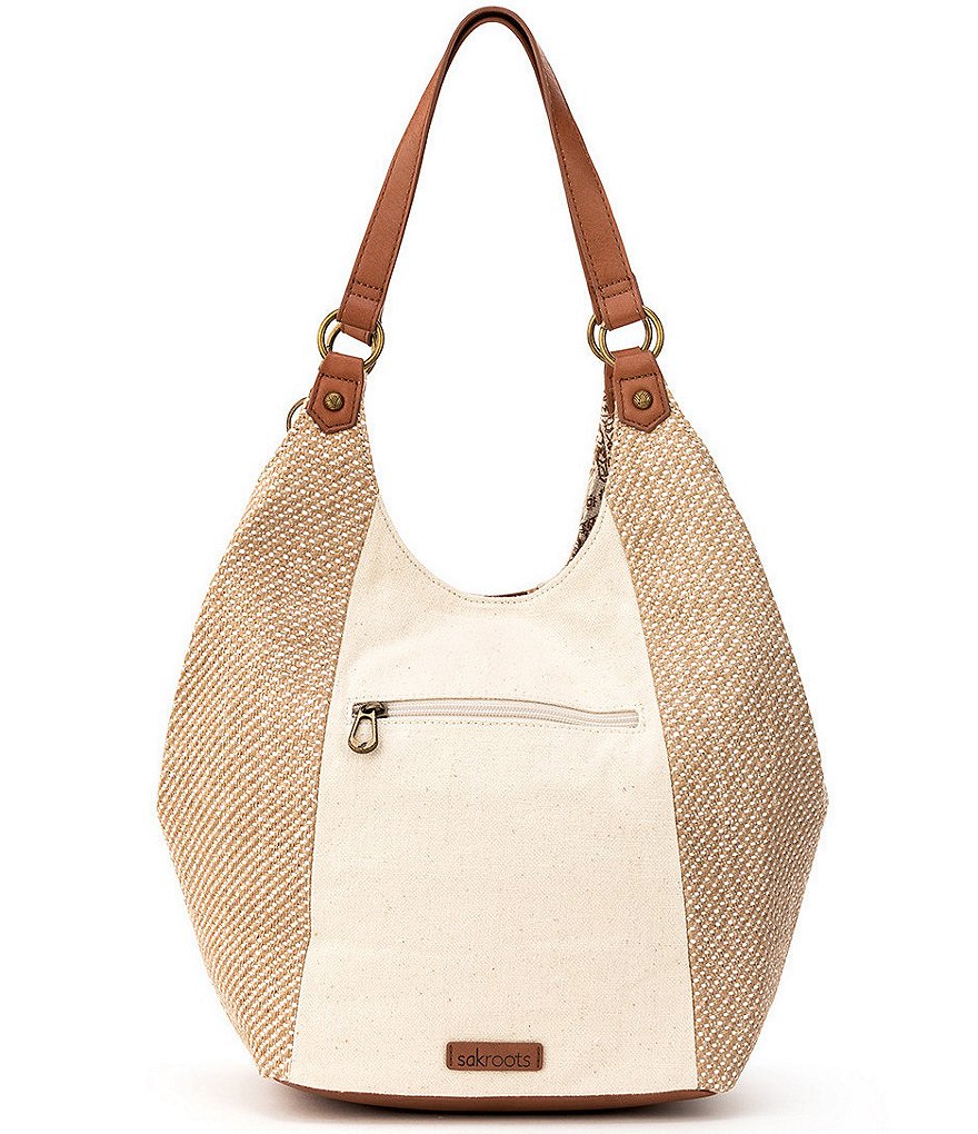 Sakroots Roma Straw Canvas Snap Floral Hobo Tassel Bag