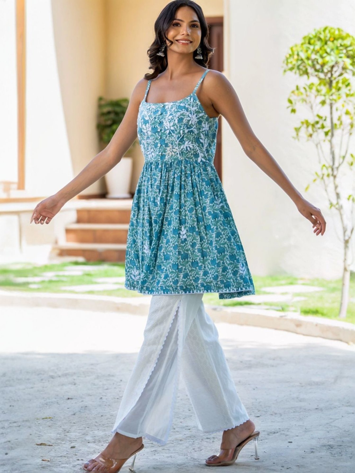 HOUSE OF JAMOTI Blue & White Cotton Printed Tunic Palazzo Set