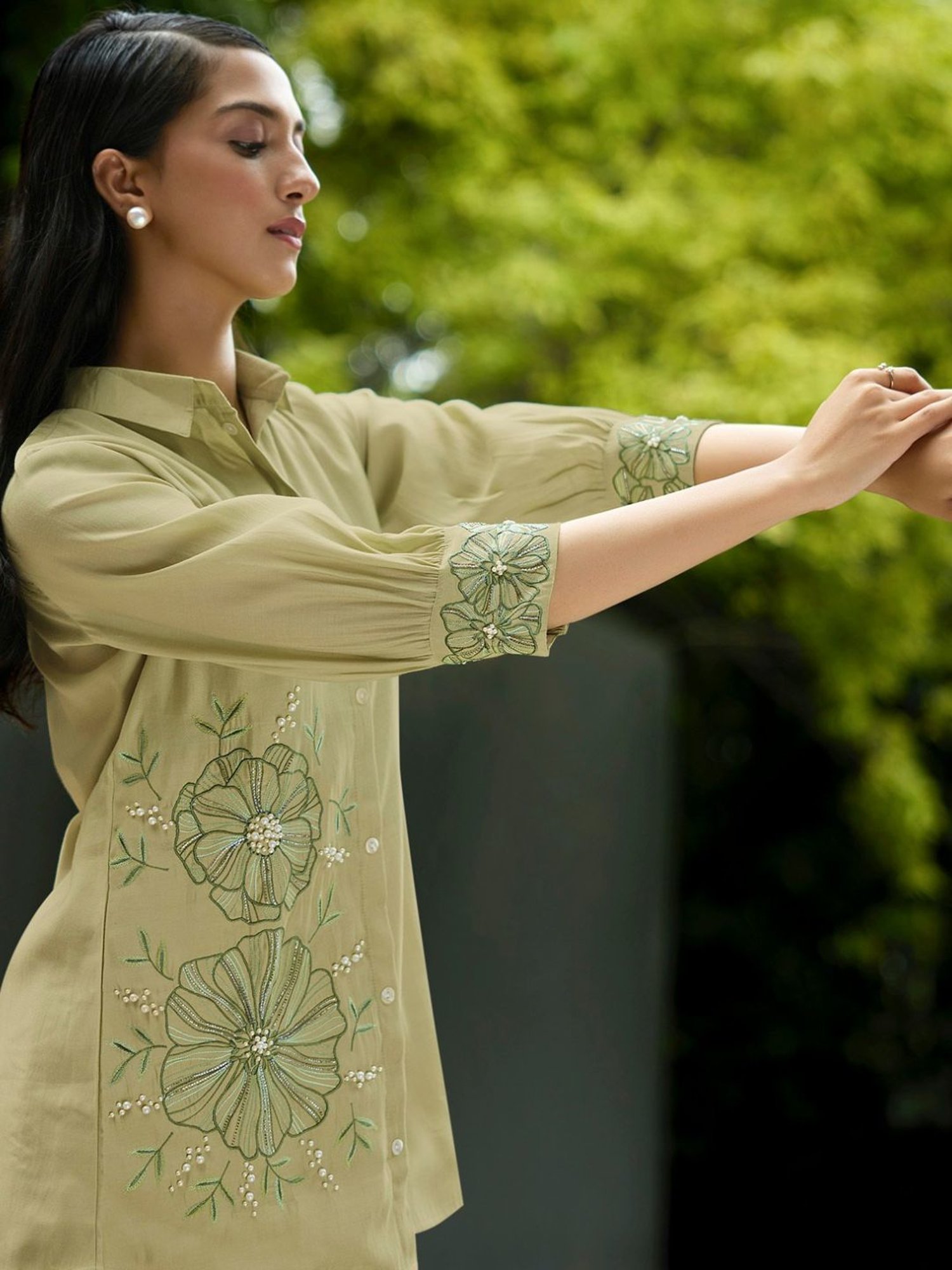 Kaftanize Kiaa Pista Green Applique and Embroidered Shirt with Pant