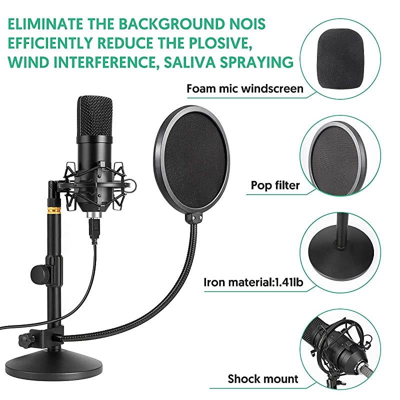 USB Microphone Kit 192kHz/24bit  Condenser Podcast Streaming Cardioid Mic Kit with Sound Card Desktop Stand Shock Mount Pop Filter, Plug & Play for Skype, YouTube, Gaming, Studio Recording