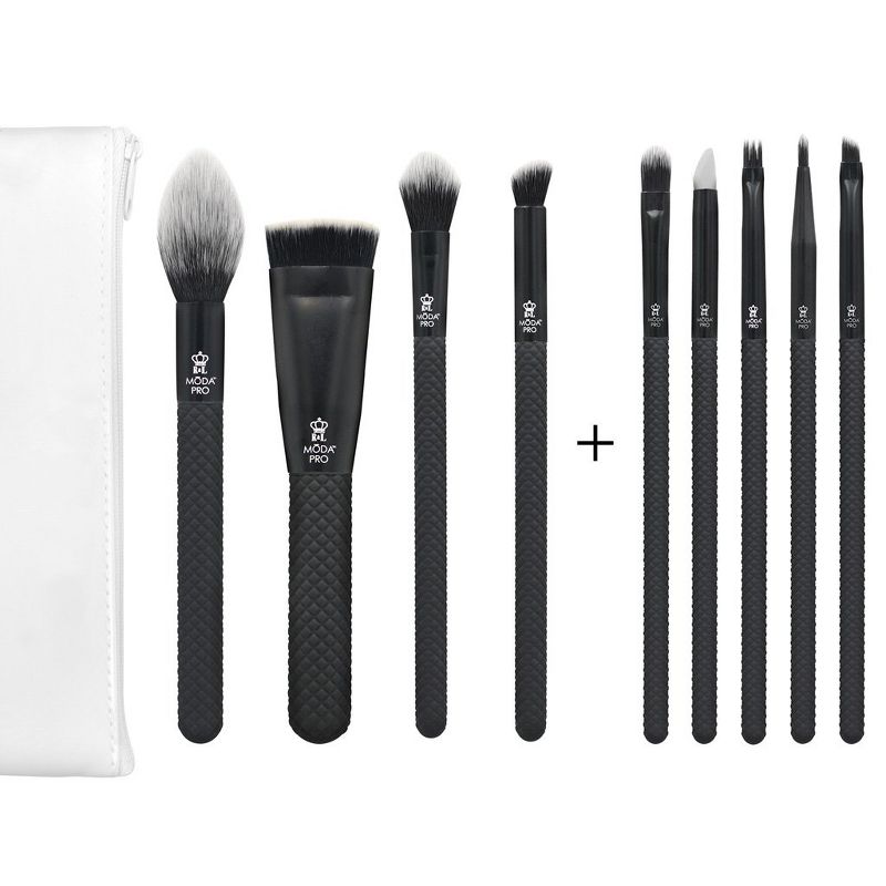 MODA Brush Pro Painted Perfection Brush 10pc Bundle with Zip Case, Includes - Radiance, Sculpt, Glow, Precision Angle, Shade, Crease, Detail, Smudge, and Line Brushes