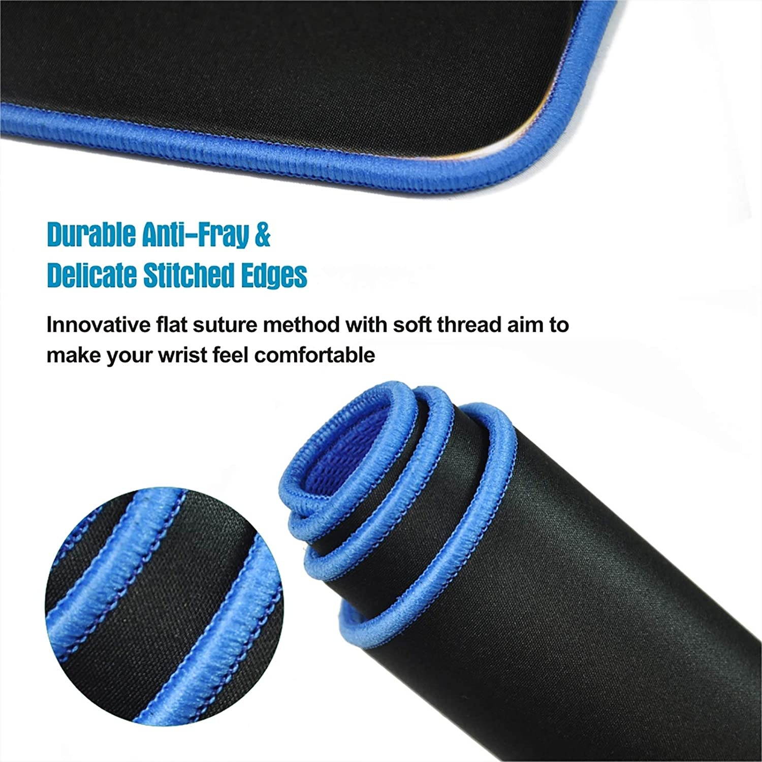 Mouse Pad Gaming with Blue Non Slip Rubber Base (12.6x10.6x0.16in), 4mm Thick Computer Mousepads Mat with Stitched Edge, Black Smooth Jersey Surface Mouse Pad for Laptop, Computer, Home&Office, Desk