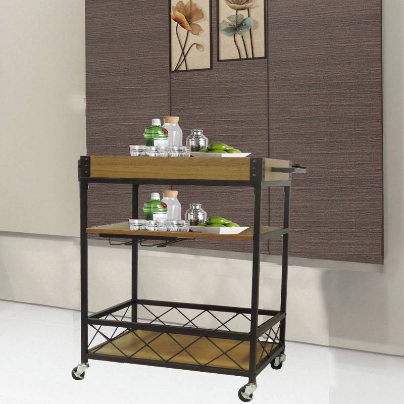 Kitchen Mobile Serving Bar Cart with Shelves and Wine Glass Holder Black/Brown - Benzara