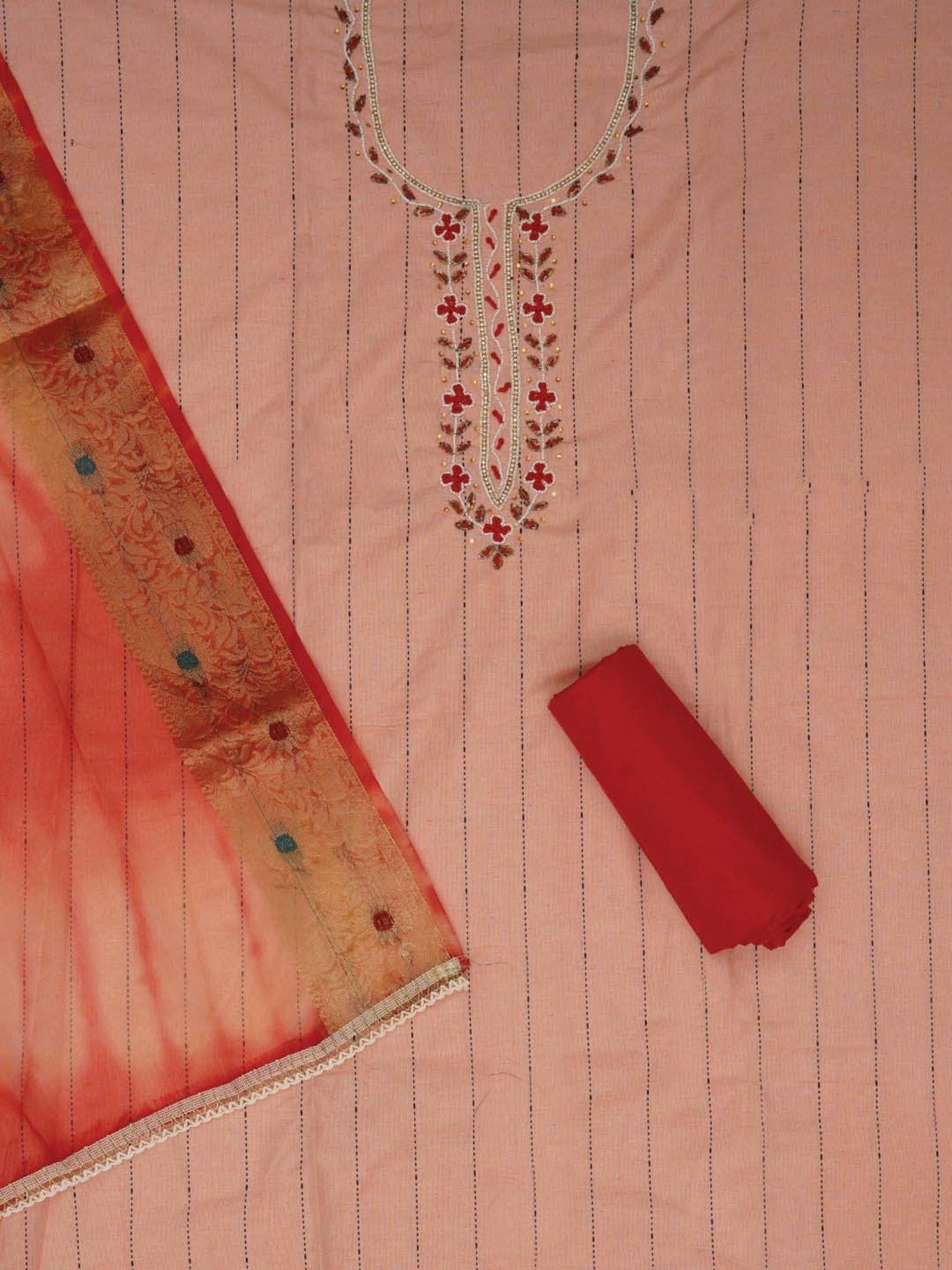 Jaipur Kurti Peach Embellished Unstitched Dress Material
