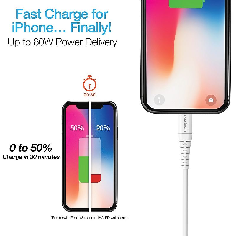 Naztech 4 ft. Fast Charge MFi Lightning to USB-C Cable, White HPL14138
