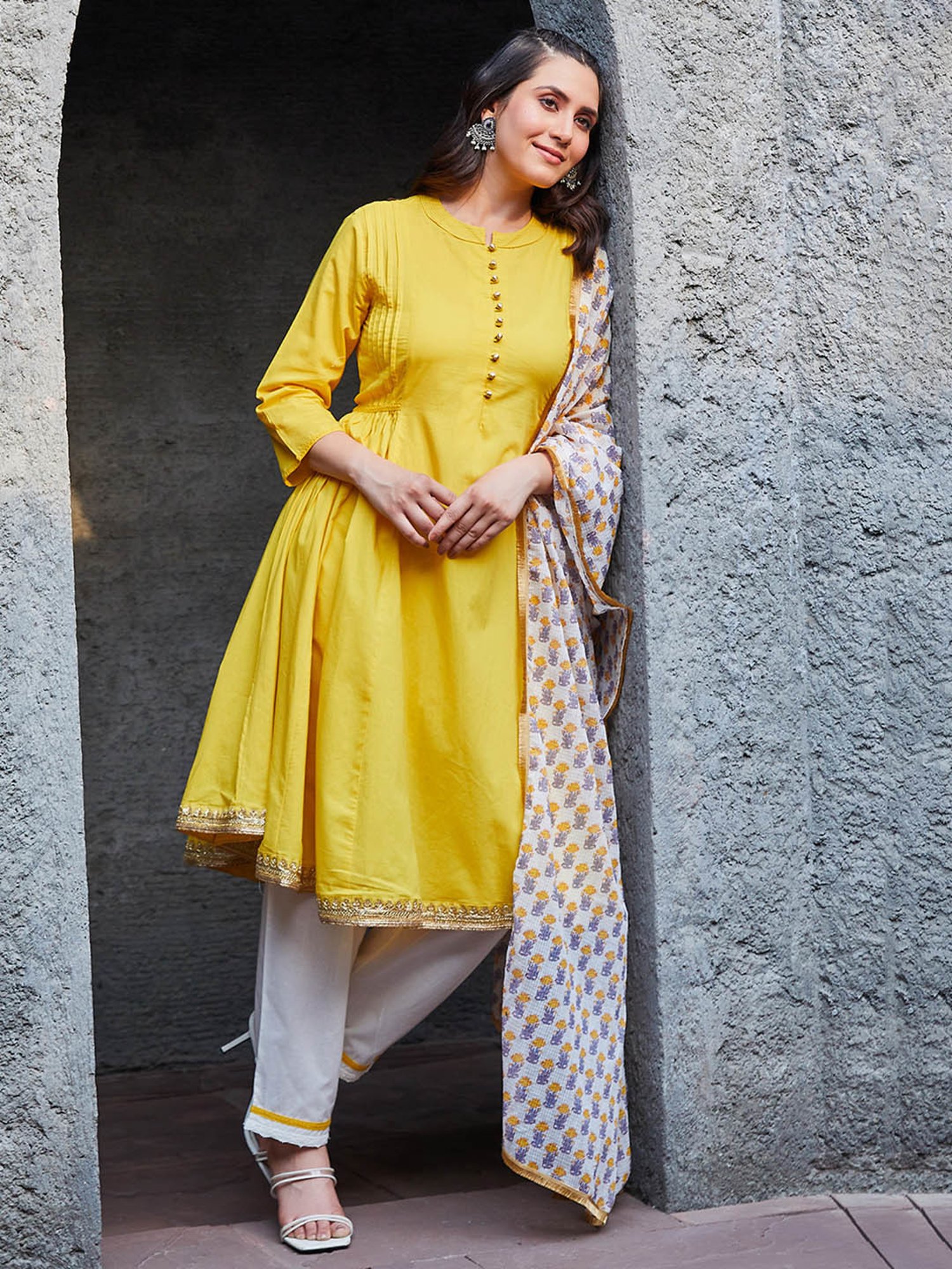 Biba Yellow & White Cotton Kurta With Pant & Dupatta