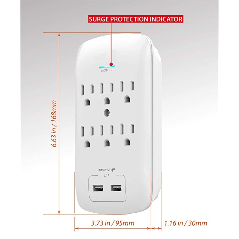 6 Outlet Surge Protector 1200 Joules with 2 USB Ports Charger 31A Multi Plug Outlet Extender 1875 Watt 3Prong Grounded Wall Tap Adapter