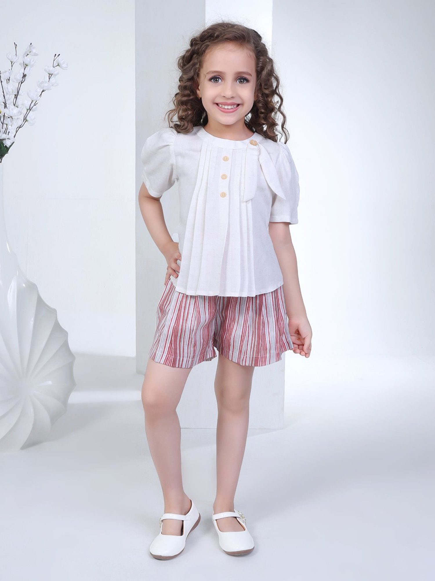Peppermint Kids White & Brown Striped Top with Shorts