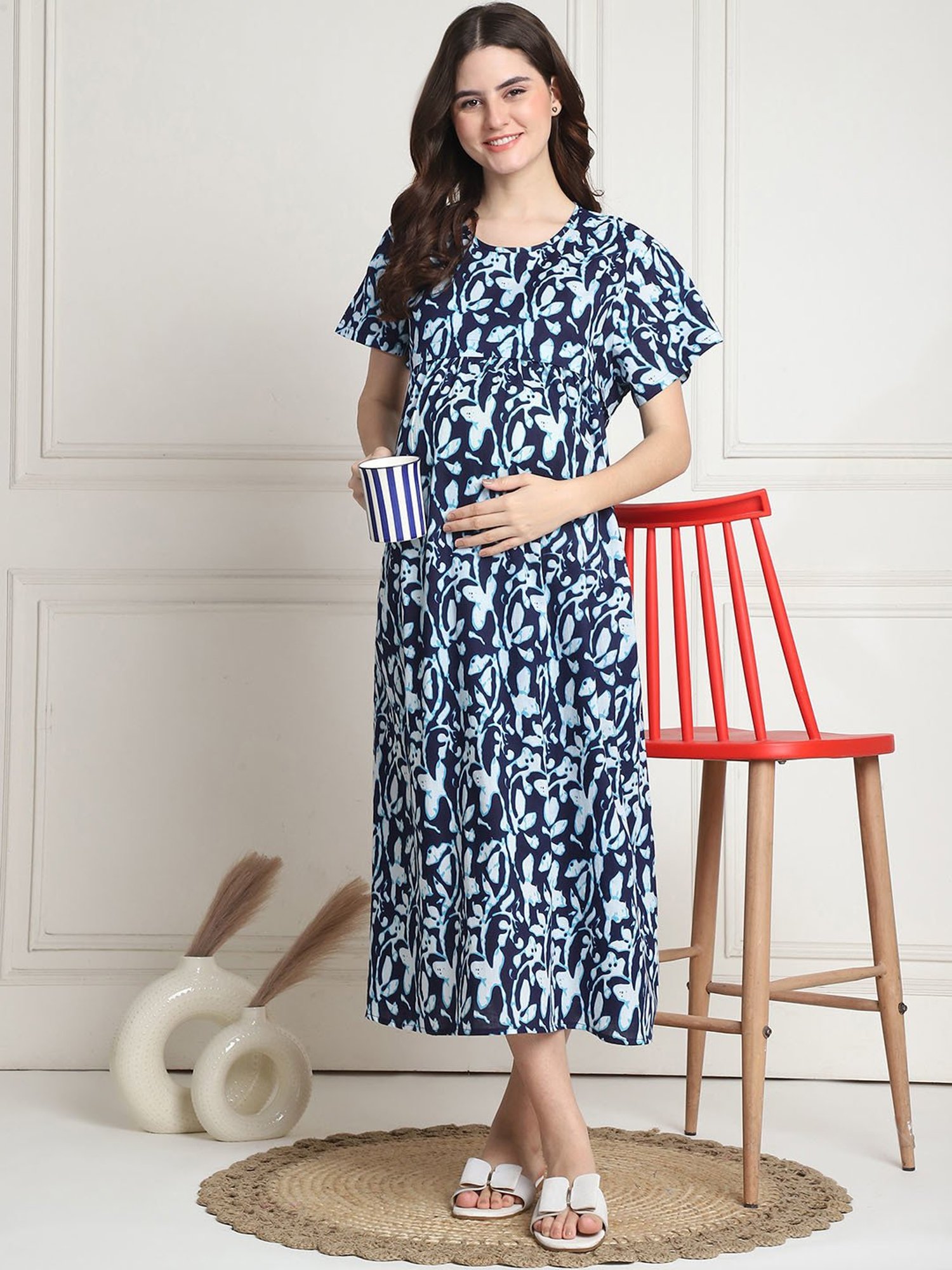 Secret Wish Navy Floral Print Maternity Night Dress