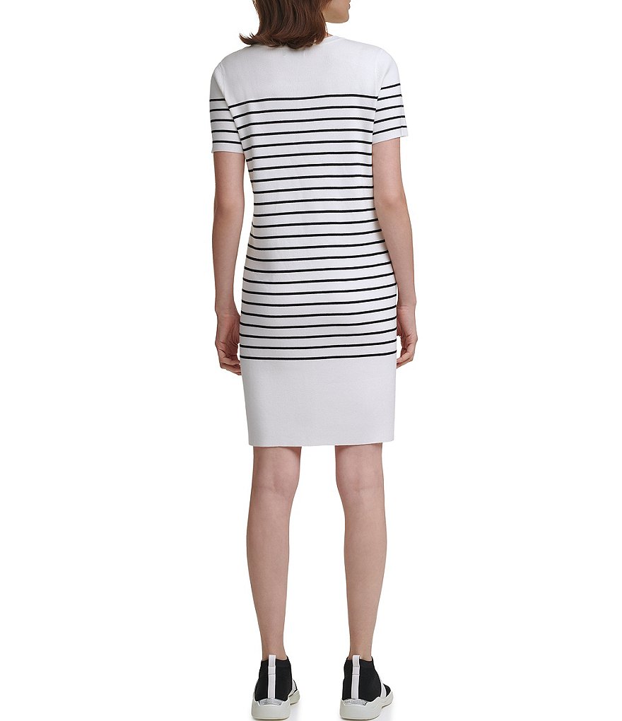 KARL LAGERFELD PARIS Short Sleeve Stripe Crew Neck Sweater Dress