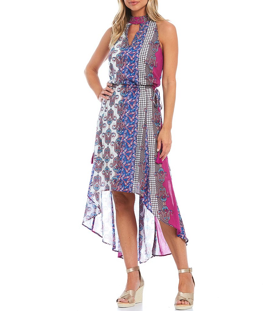 Reba Printed Crepe Embellished Embroidery Hi-Low Halter Dress