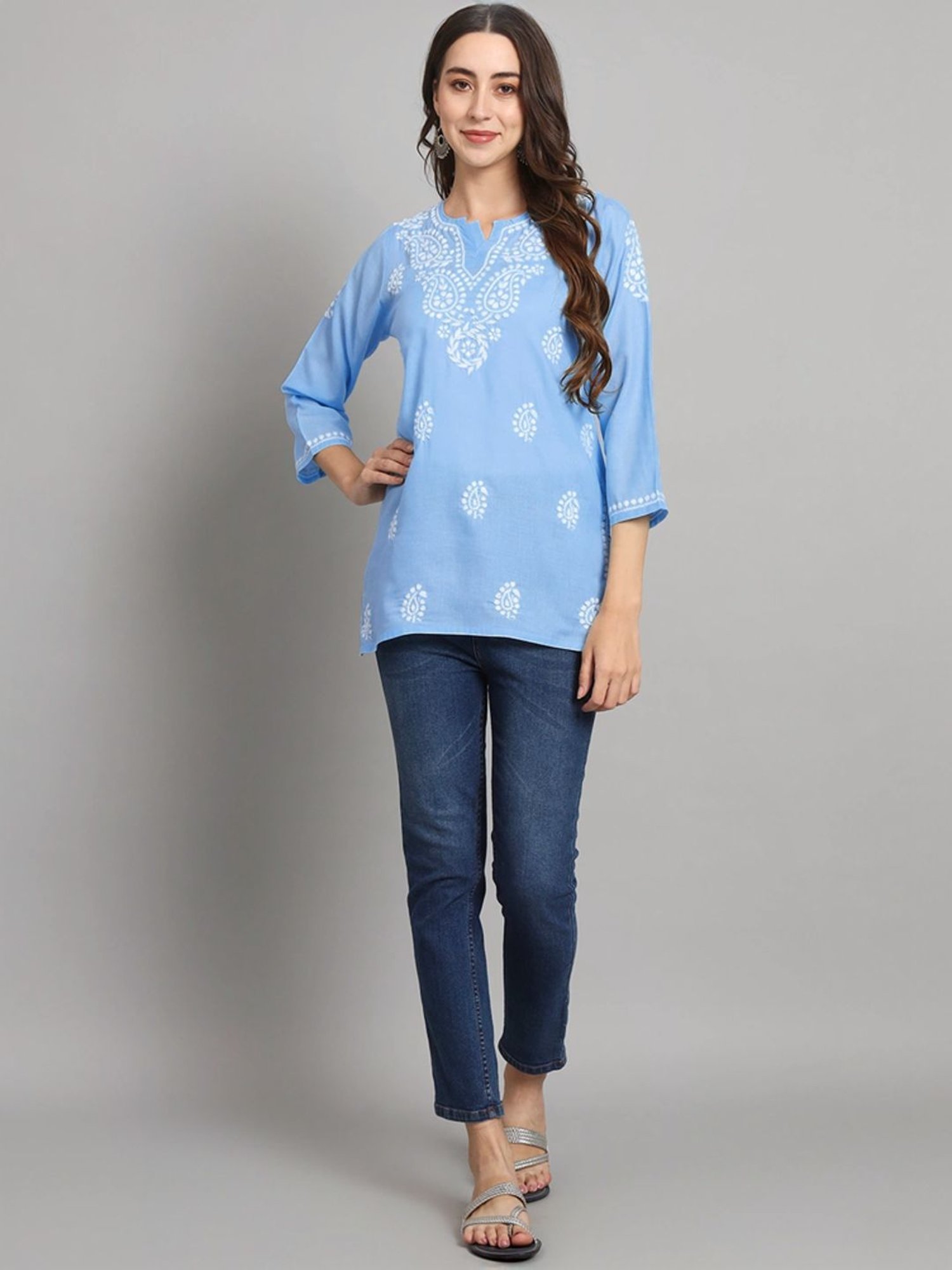 PARAMOUNT CHIKAN Sky Blue Cotton Hand Embroidered Chikankari Straight Kurti