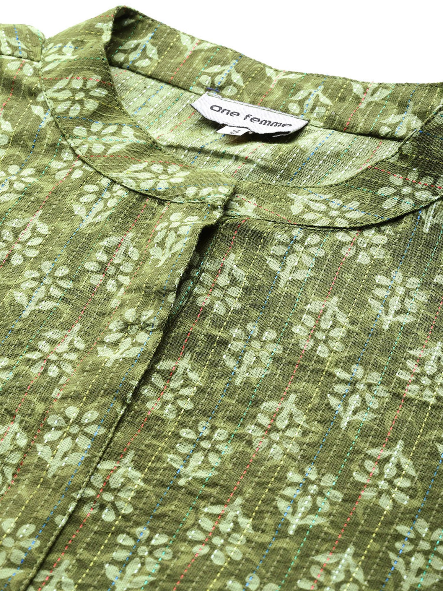 One Femme Green Cotton Printed A Line Kurti