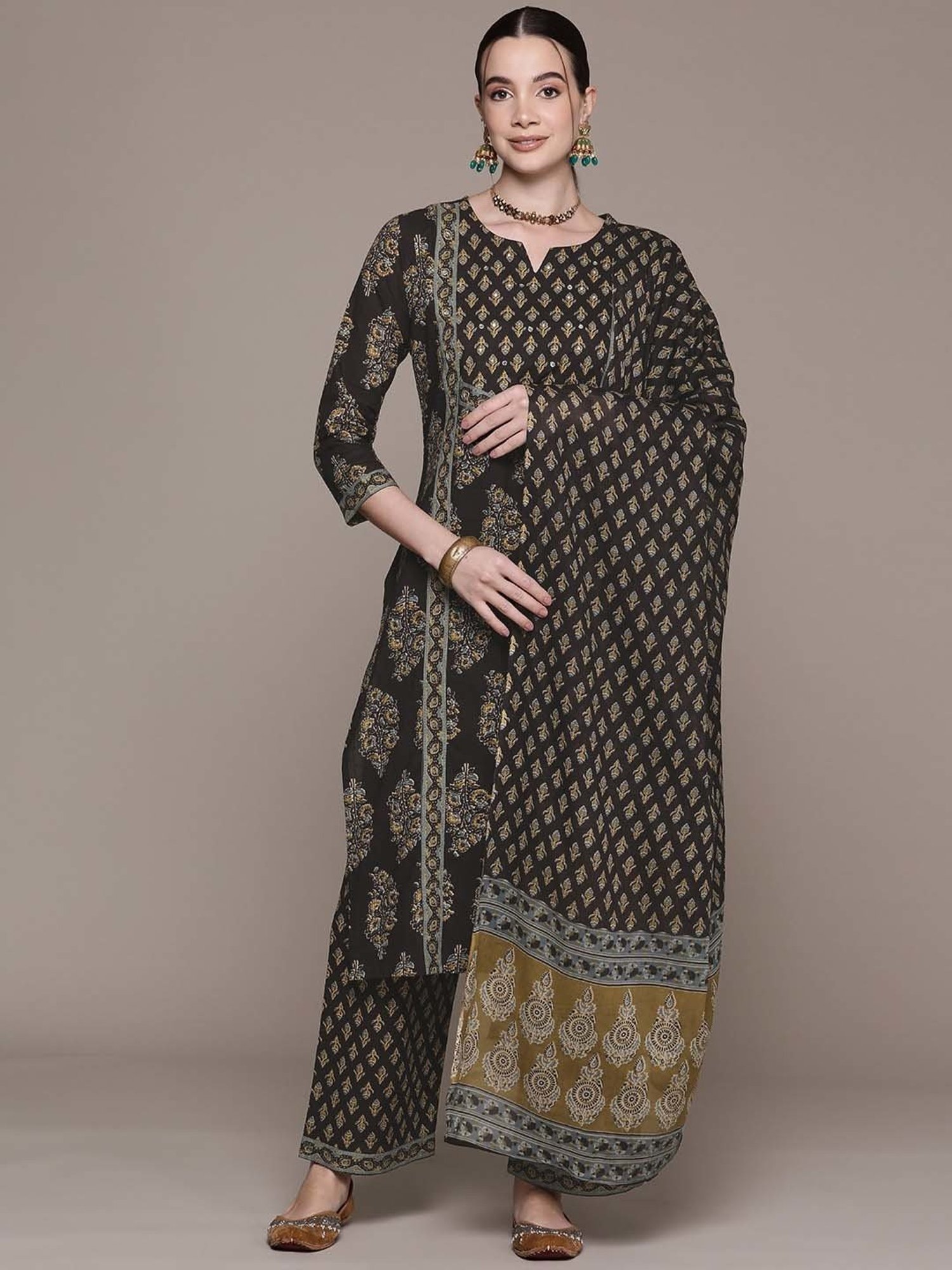 READIPRINT FASHIONS Black Cotton Printed Kurta Palazzo Set With Dupatta