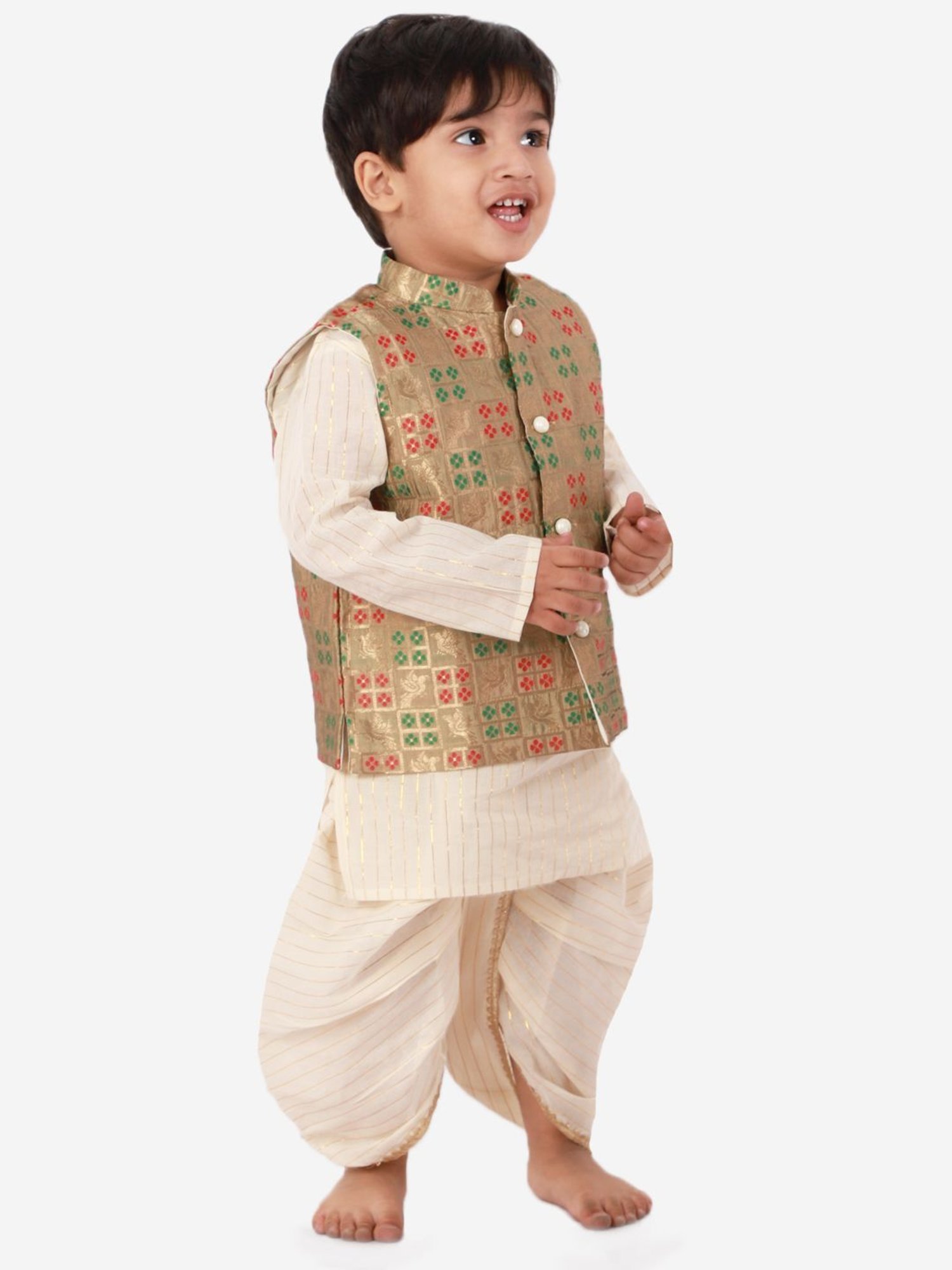 Little Bansi Kids Beige Cotton Zari Work Kurta Set