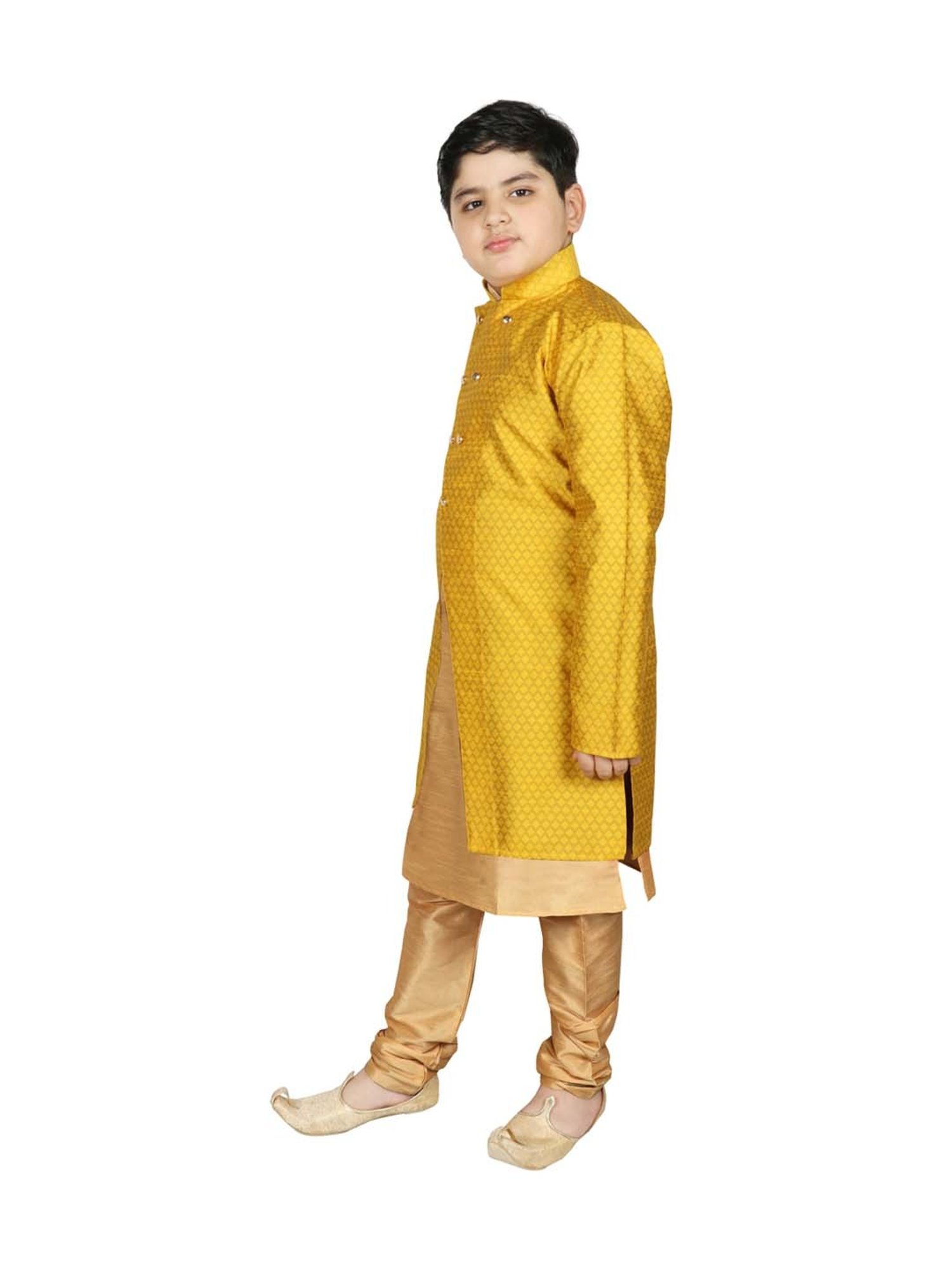 SG Yuvraj Kids Gold & Yellow Textured Pattern Full Sleeves Kurta Set