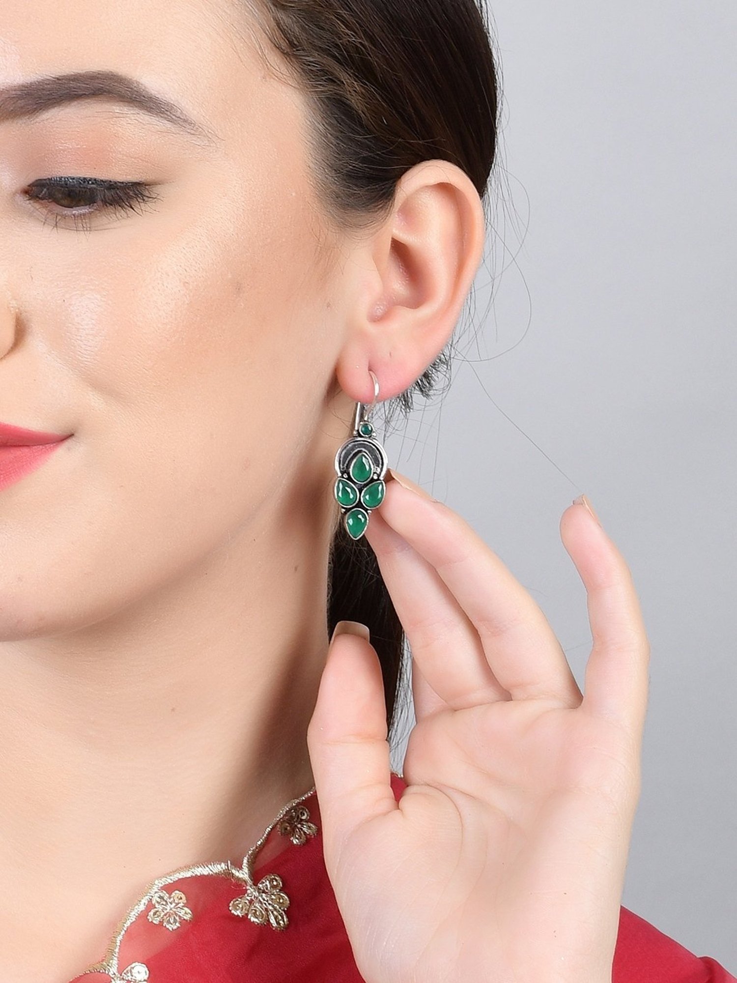 Imli Street Green Silver Tone Stone-Studded Handcrafted Dangler Earrings