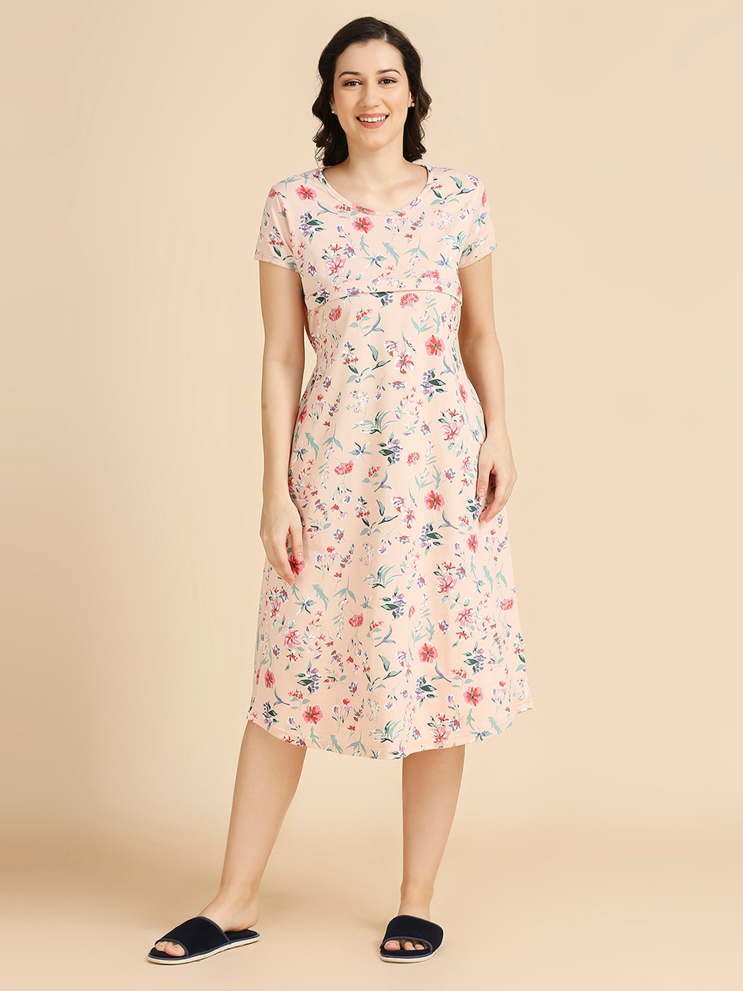 MomToBe Light Peach Cotton Floral Print Feeding Nighty
