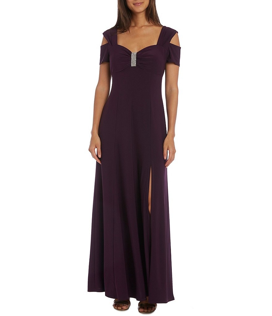 R & M Richards Rhinestone-Trim Cold-Shoulder Matte Jersey Gown