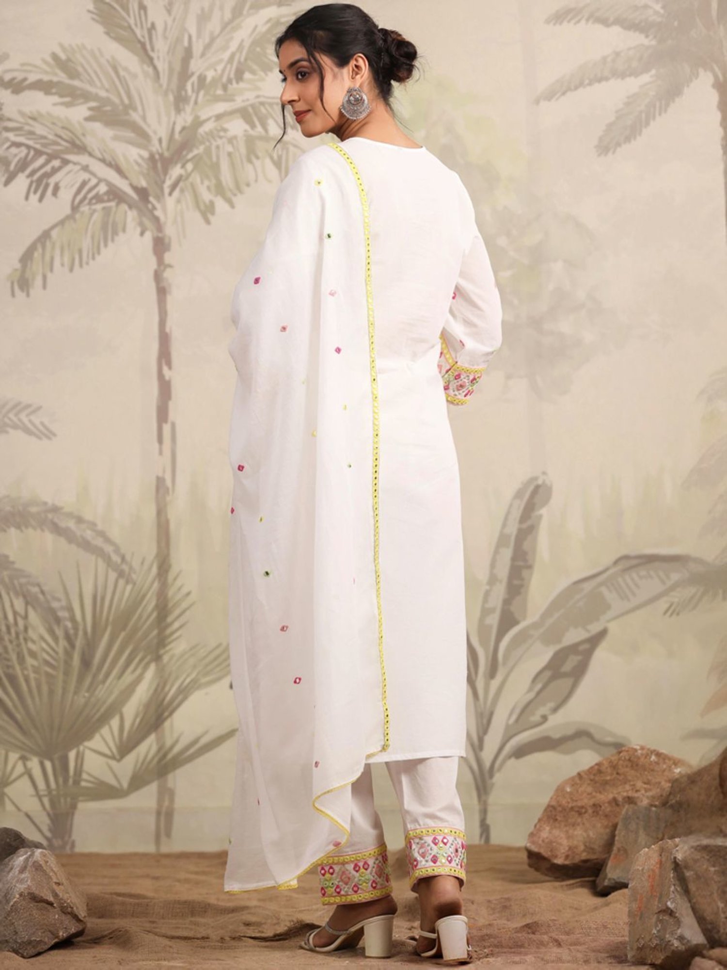 SCAKHI White Cotton Embroidered Kurta Pant Set With Dupatta