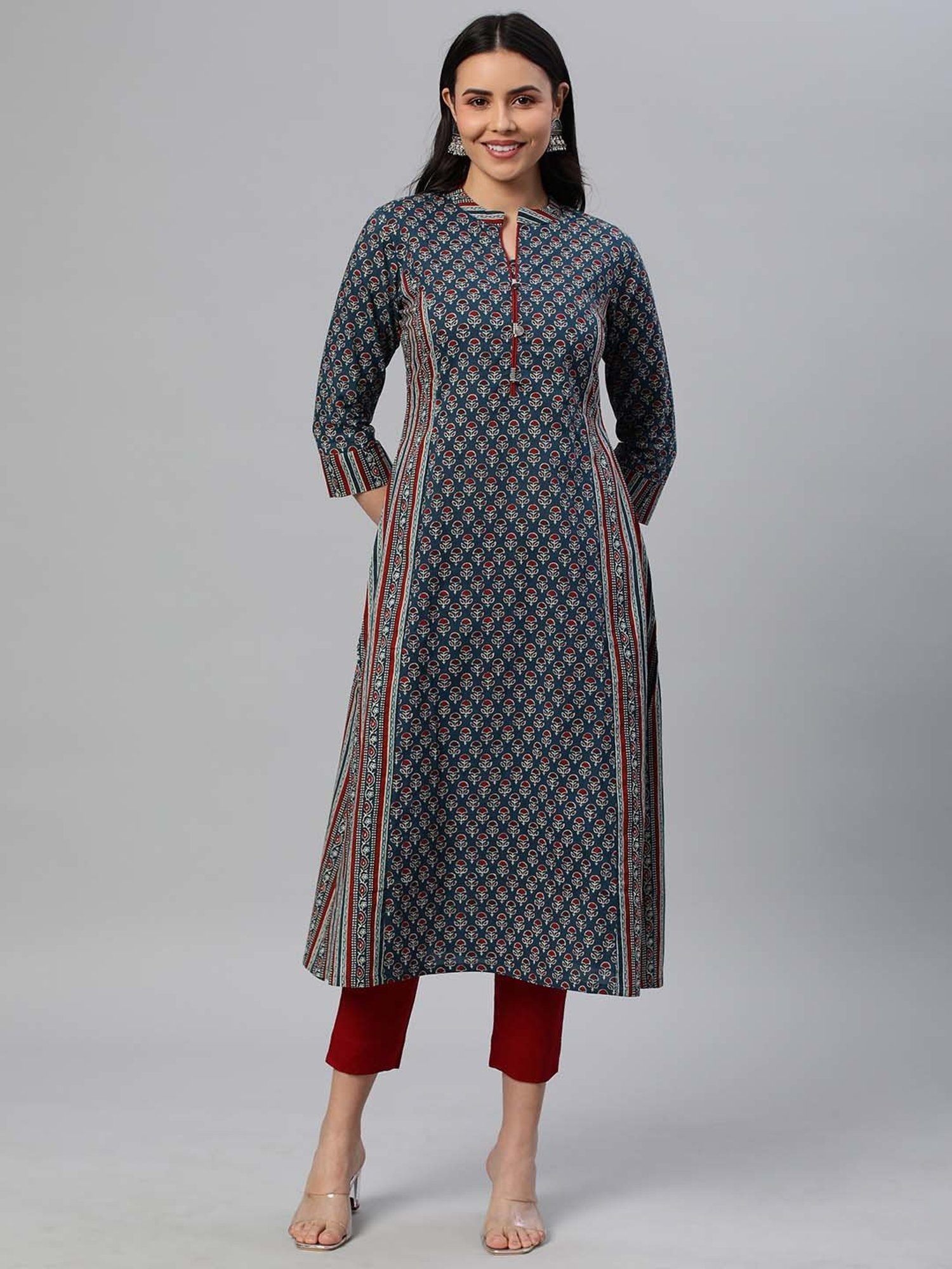 Kami Kubi Blue Cotton Printed A Line Kurta