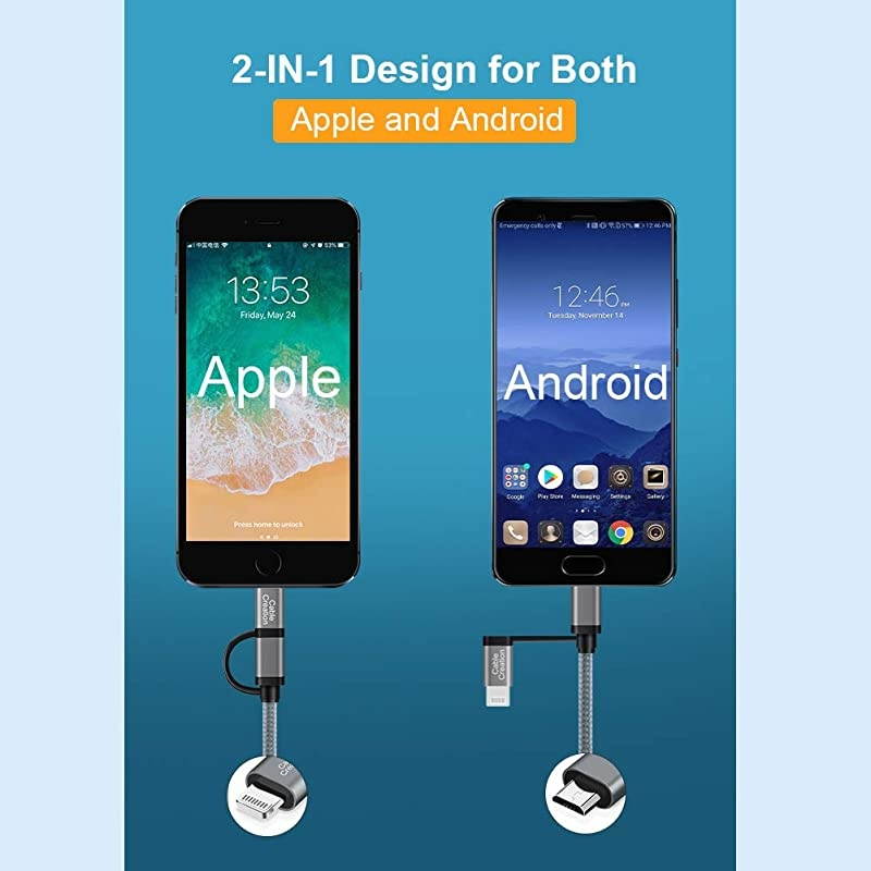 4FT 2in1 iPhone and Android Charging Cable  MFi Certified Lightning and Micro USB to USB Charge Data Cord Compatible iPhone 12 11 X 8 8 Plus7 Samsung Nexus LG HTC Gray
