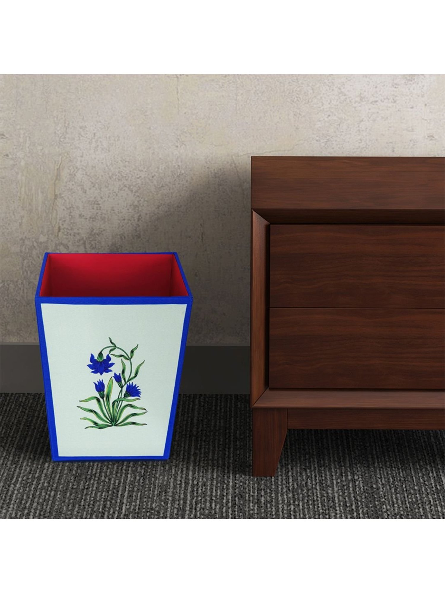 SEJ by Nisha Gupta Off White & Blue Wooden Open Dry Bin - 11.5 Litres