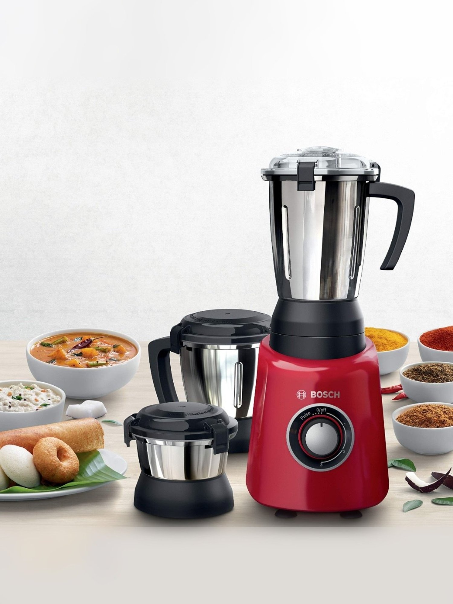 Bosch TrueMixx Radiance Mixer Grinder 600 Watt with PoundingBlade & 3 Jars (Red)