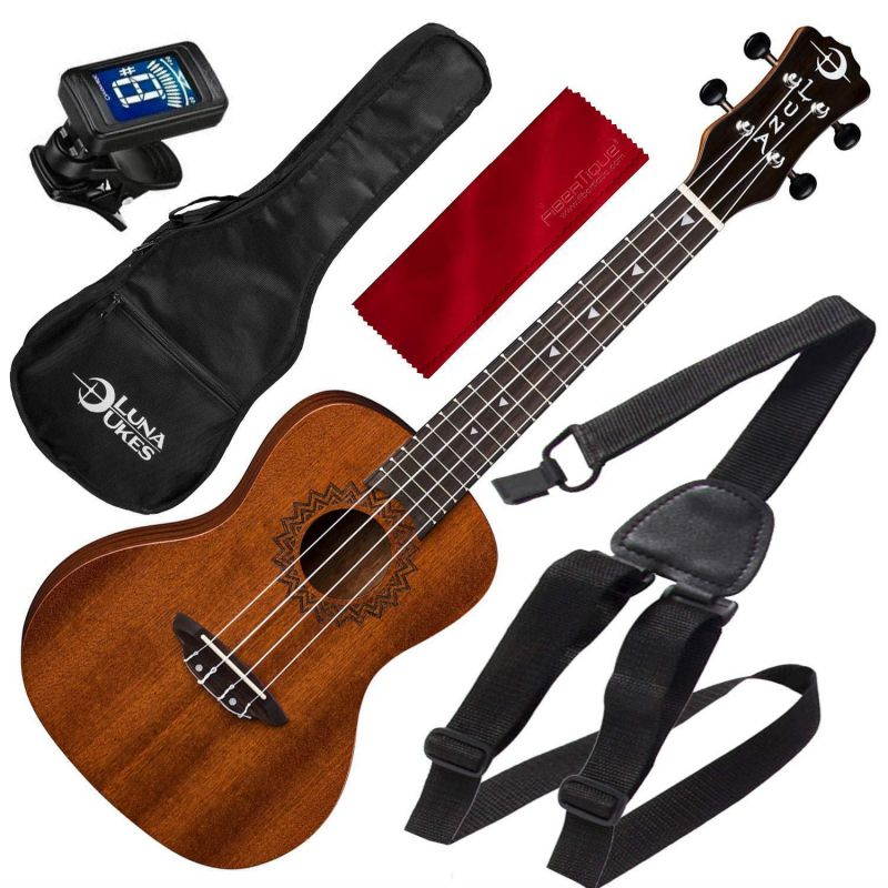 Luna Uke Vintage Mahogany Concert Acoustic Ukulele Pack with Ukulele Strap and Microfiber Cloth