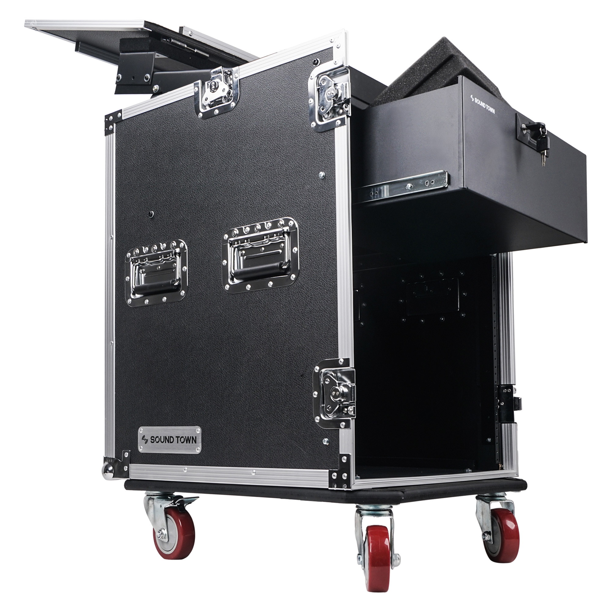 Sound Town 14U PA DJ Pro Audio Rack/Road ATA Case with 11U Slant Mixer Top, Locking Drawer, 20&rsquo;&rsquo; Rackable Depth and Casters (STMR-14D3)