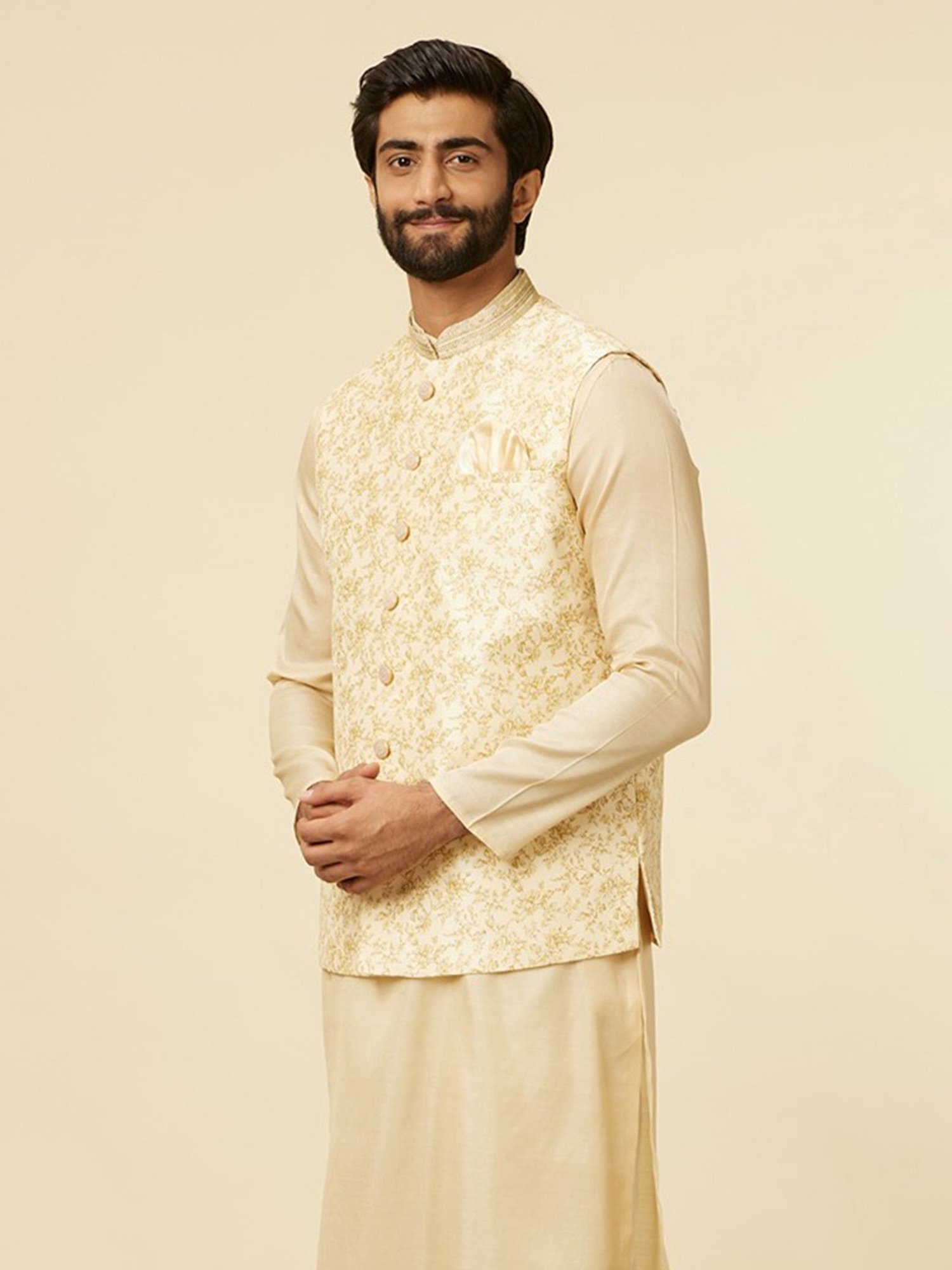 Manyavar Light Beige Regular Fit Printed Nehru Jacket