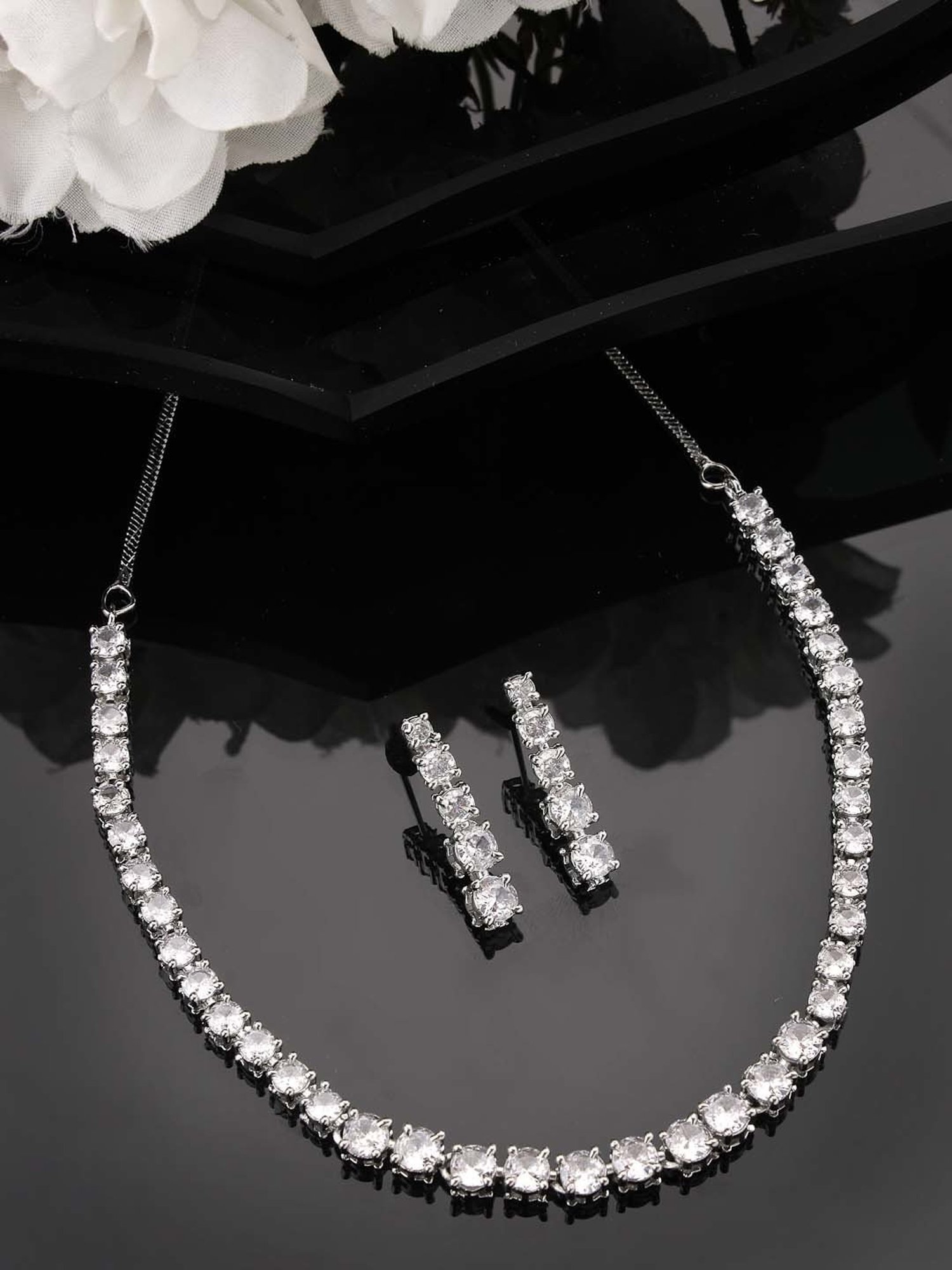 NVR Silver Plated CZ Stone Handcrafted Jewellery Set for Women