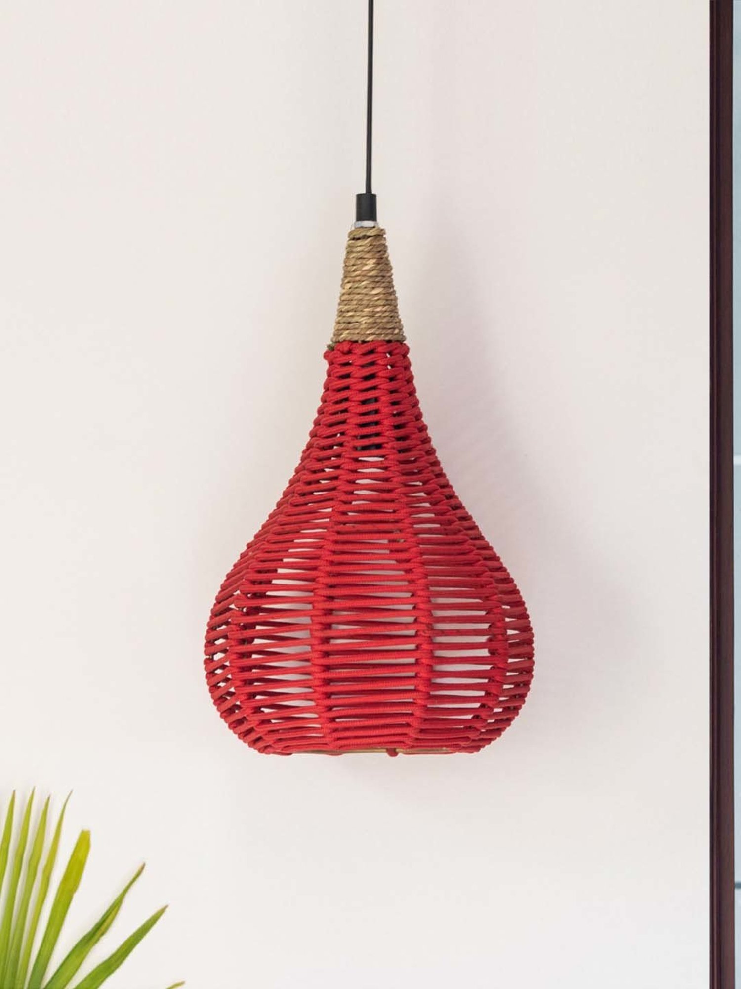 ExclusiveLane Paradise Red & Beige Jute Handwoven Hanging Pendant Lamp