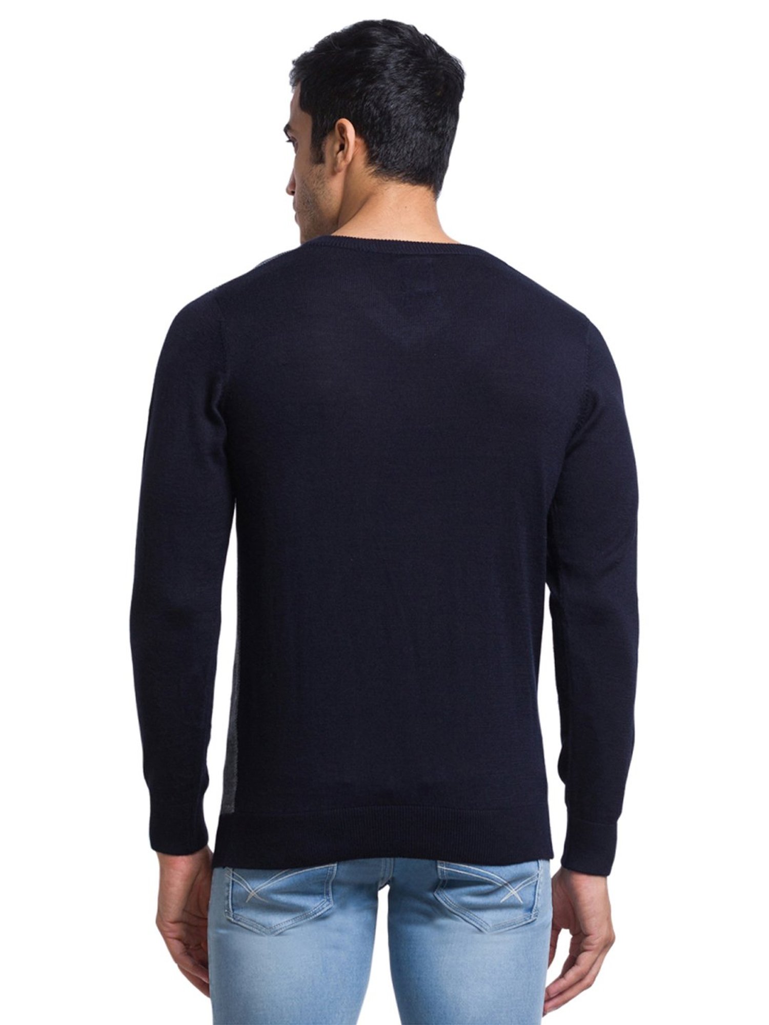 Parx Blue & Grey Regular Fit Color-Block Sweater