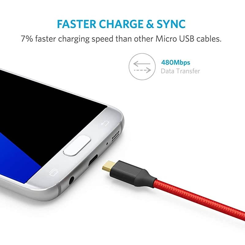 2Pack  6ft 18m Nylon Braided TangleFree Micro USB Cable with GoldPlated Connectors for Android Samsung HTC Nokia Sony and More Red