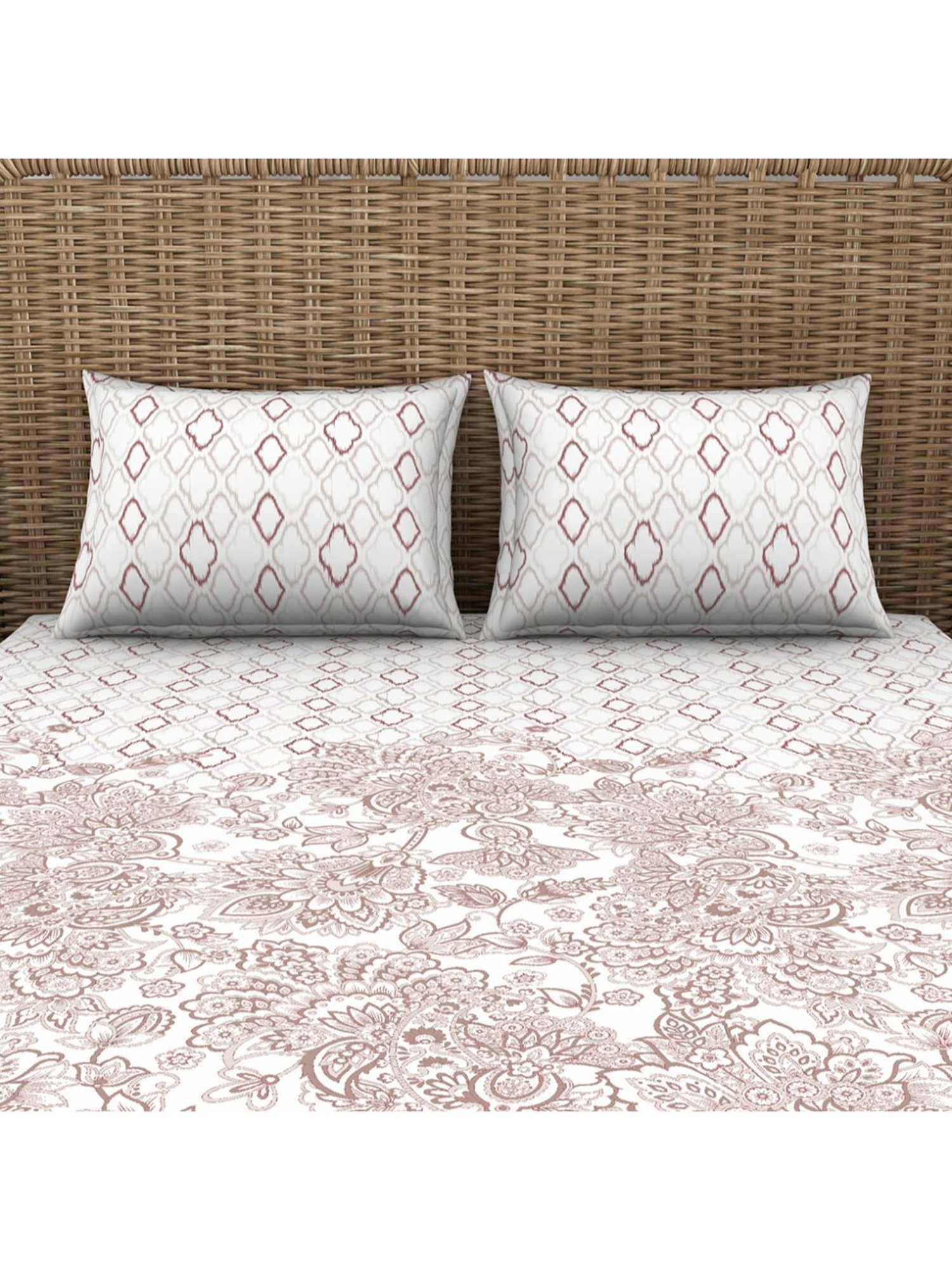 Spaces Red 144 TC Cotton Printed Double Bed Sheet with 2 Pillow Covers