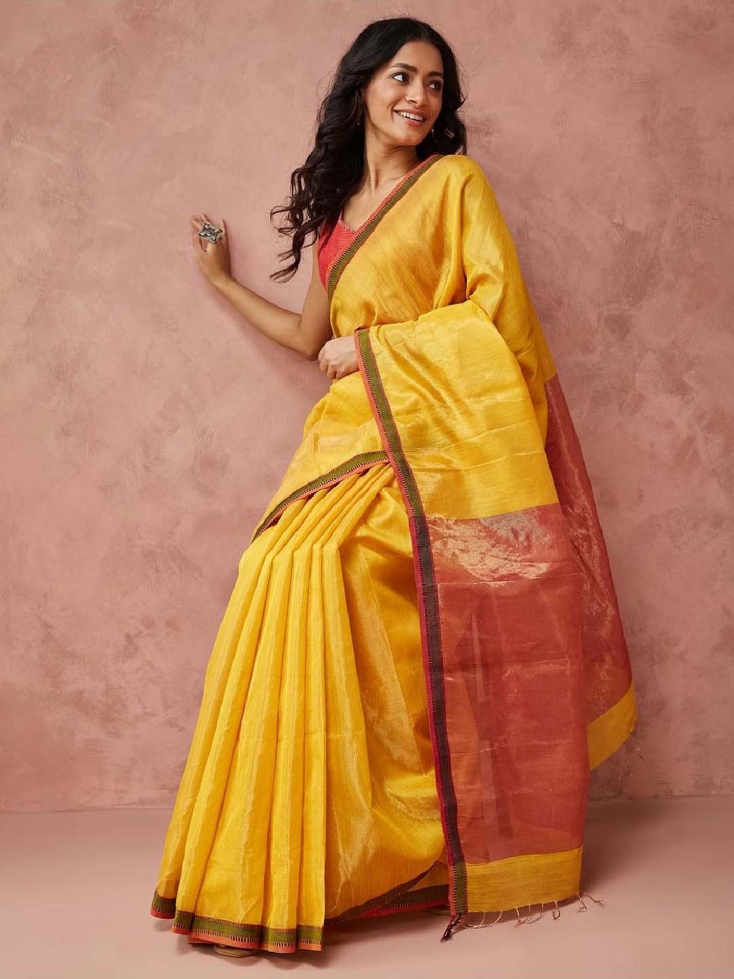 Unnati Silks Red Silk Printed Saree With Unstitched Blouse