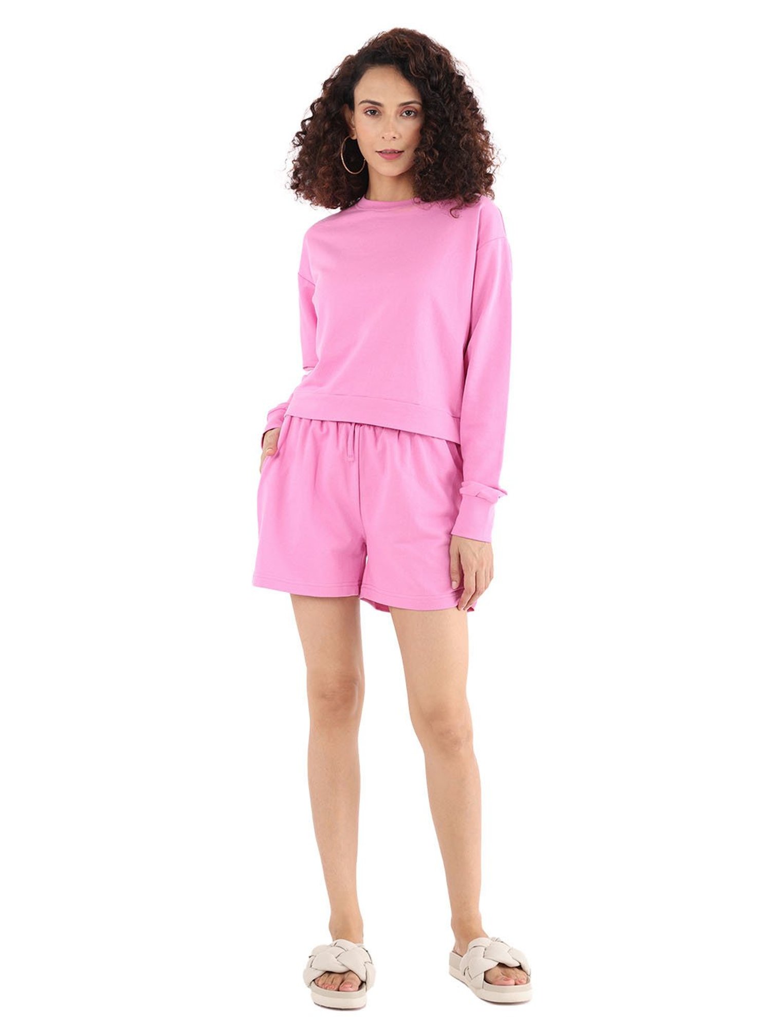 Nite Flite Pink Cotton Crop Sweatshirt With Shorts