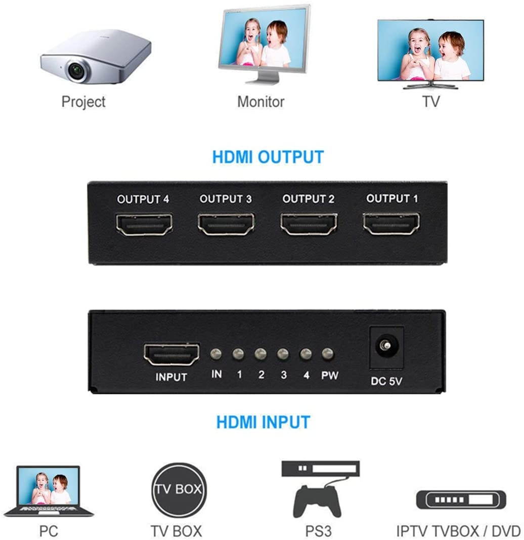 Wiistar HDMI Splitter Video Converter 1x4 Full HD 1080P 4Kx2K@30Hz 1 Input 4 Output V1.4 for Xbox PS3 PS4 Fire Stick Roku Blu-Ray Player HDTV