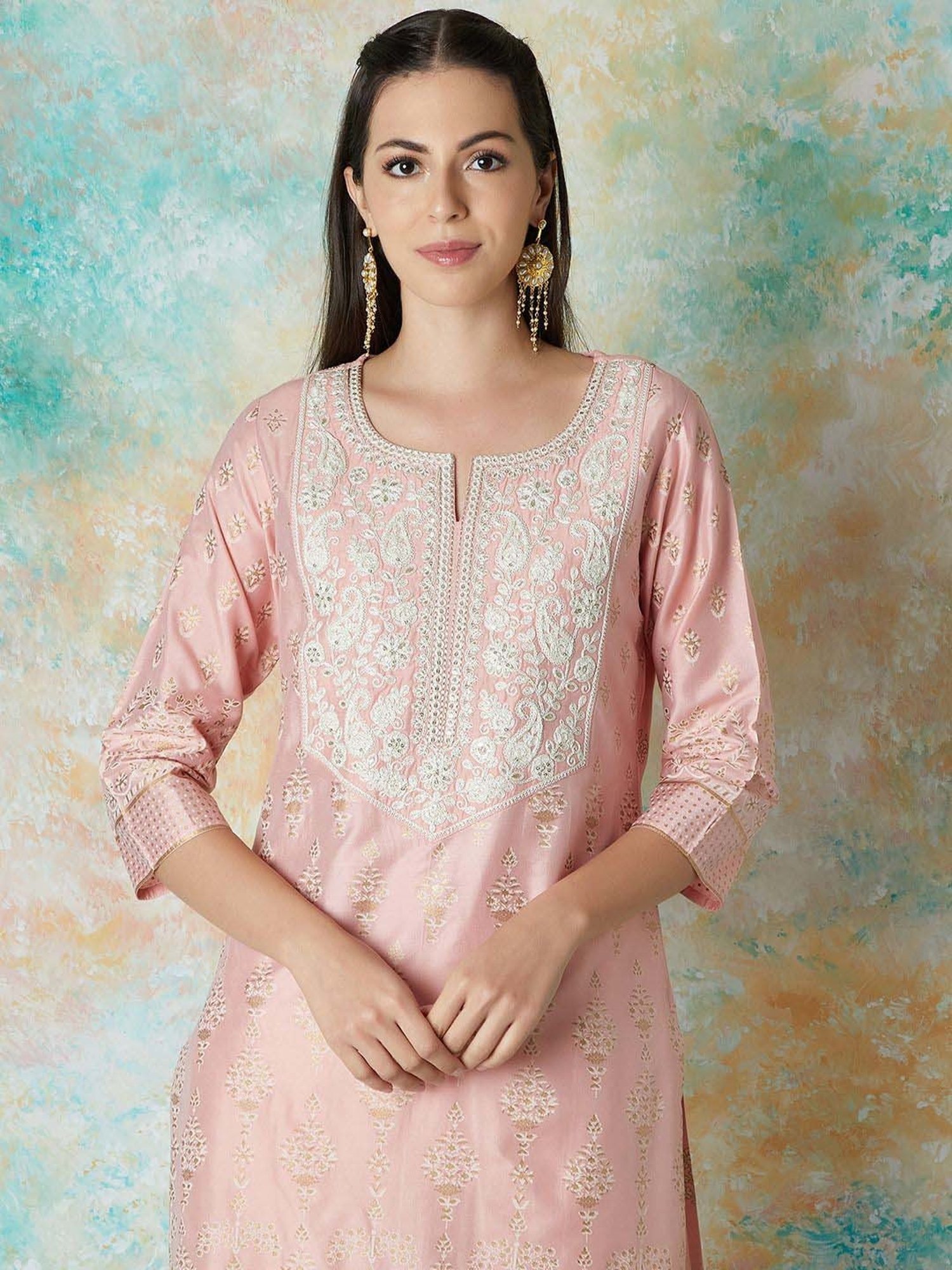 Melange by Lifestyle Pink Embroidered Kurta & Pant Set With Dupatta